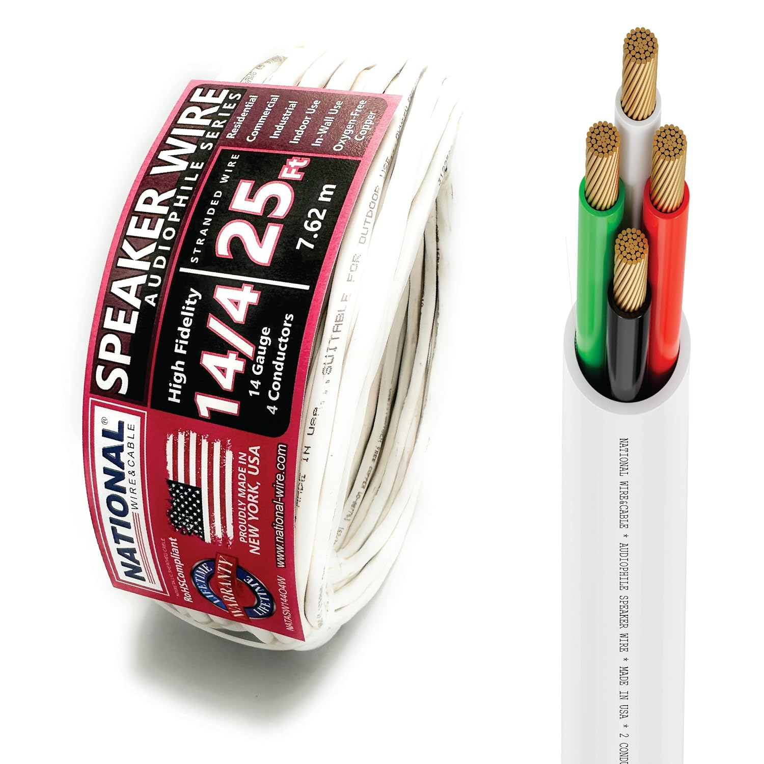 NATIONAL Wire&Cable - 14/2 Audiophile Speaker Wire (200 Feet) 14AWG Gauge - Made in USA - in Wall Audio Speaker Wire Cable/Cl Rated/Etl Listed / 2 Conductors - OFC Oxygen-Free Copper, White 200Ft
