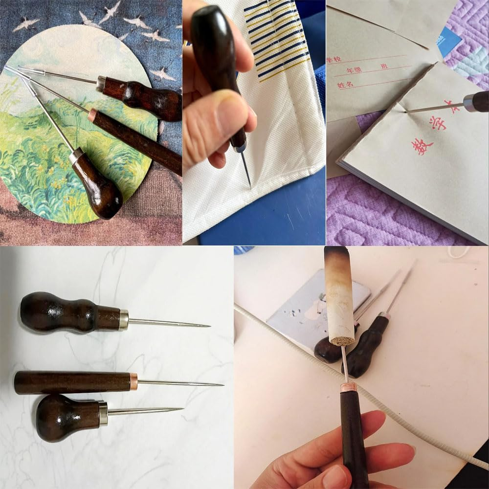 3 Pack Scratch Awl Tool with Wooden Handle Gourd Shape Pin Punching for Leather Punch Hole Craft Repair Shoes Sewing Crochet DIY Handmade Stitch
