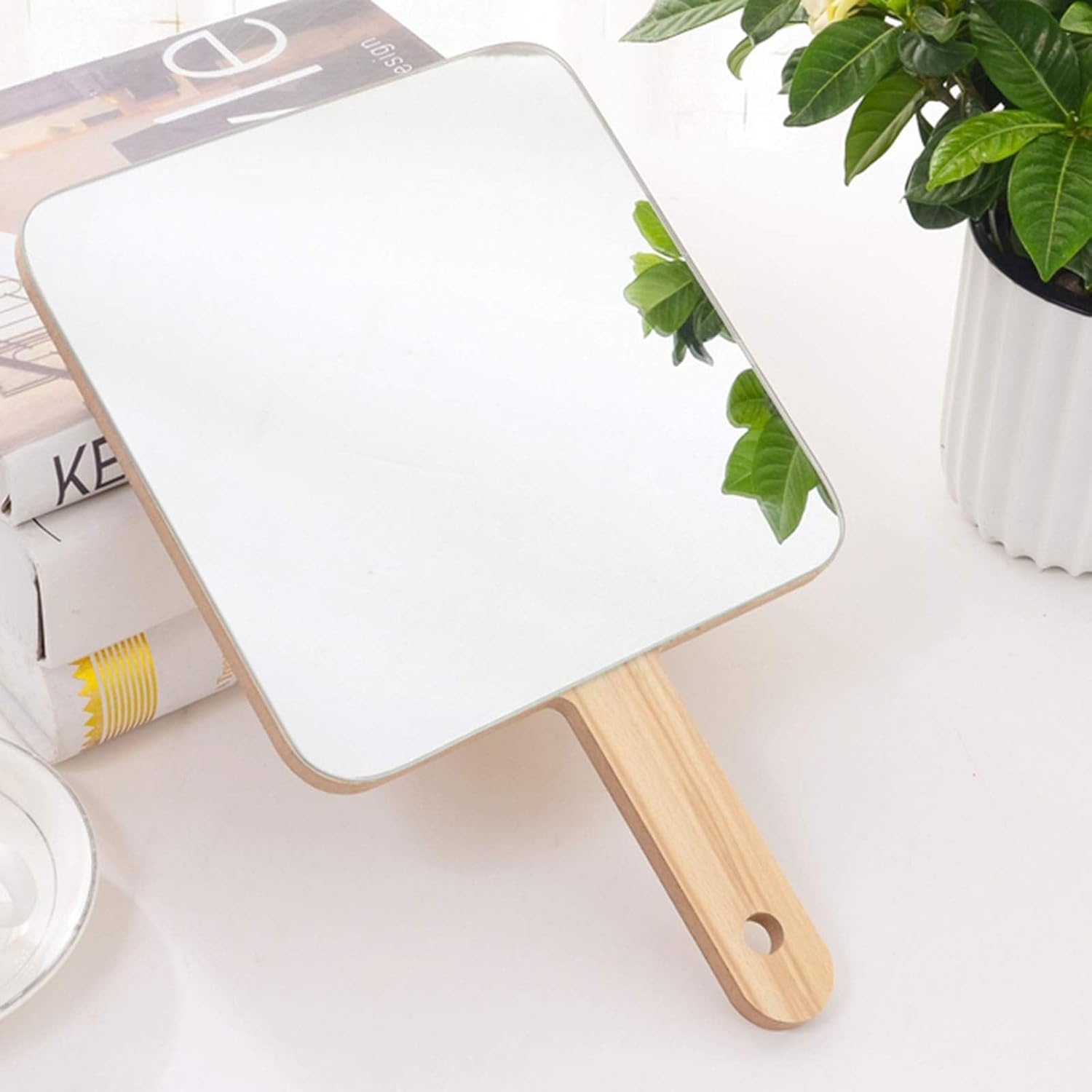 Handheld Travel Mirror with Handle, Dressing Table Mirror, Wood Handheld Plain Mirror, Square and Round, Cosmetic Salon Makeup Hand Mirror for Professional Barbers and Hairdressers,1919Cm image number 2