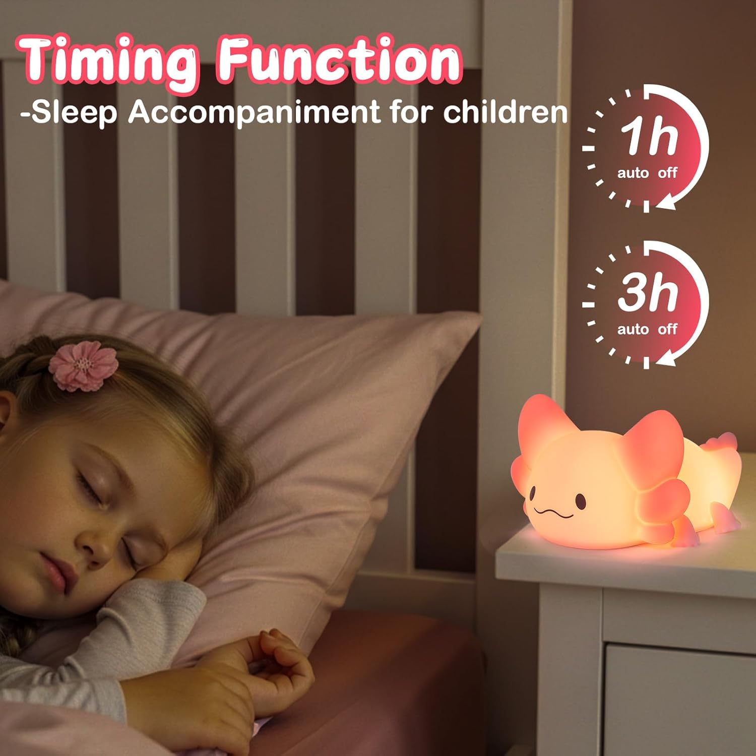 Tremdwoto Axolotl Night Light, 7 Colours Changing Children'S Night Light with Tap Control, 1/3 Hour Timer Axolotl Lamp, USB Rechargeable Dimmable Children'S Room Lamp, Gifts for Girls and Boys image number 2