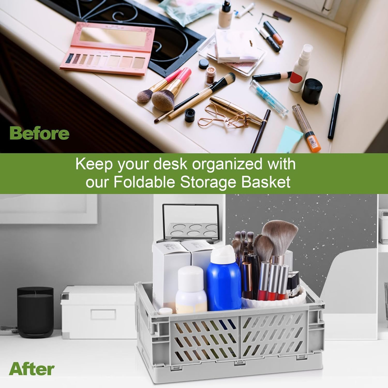 2-Pack Pastel Storage Crates, Plastic Crates, Baskets for Organizing, Collapsible Storage Crates for Bedroom Decor Classroom Office Kitchen Bathroom Home (Grey, 9.8" X 6.5" X 3.8") image number 6