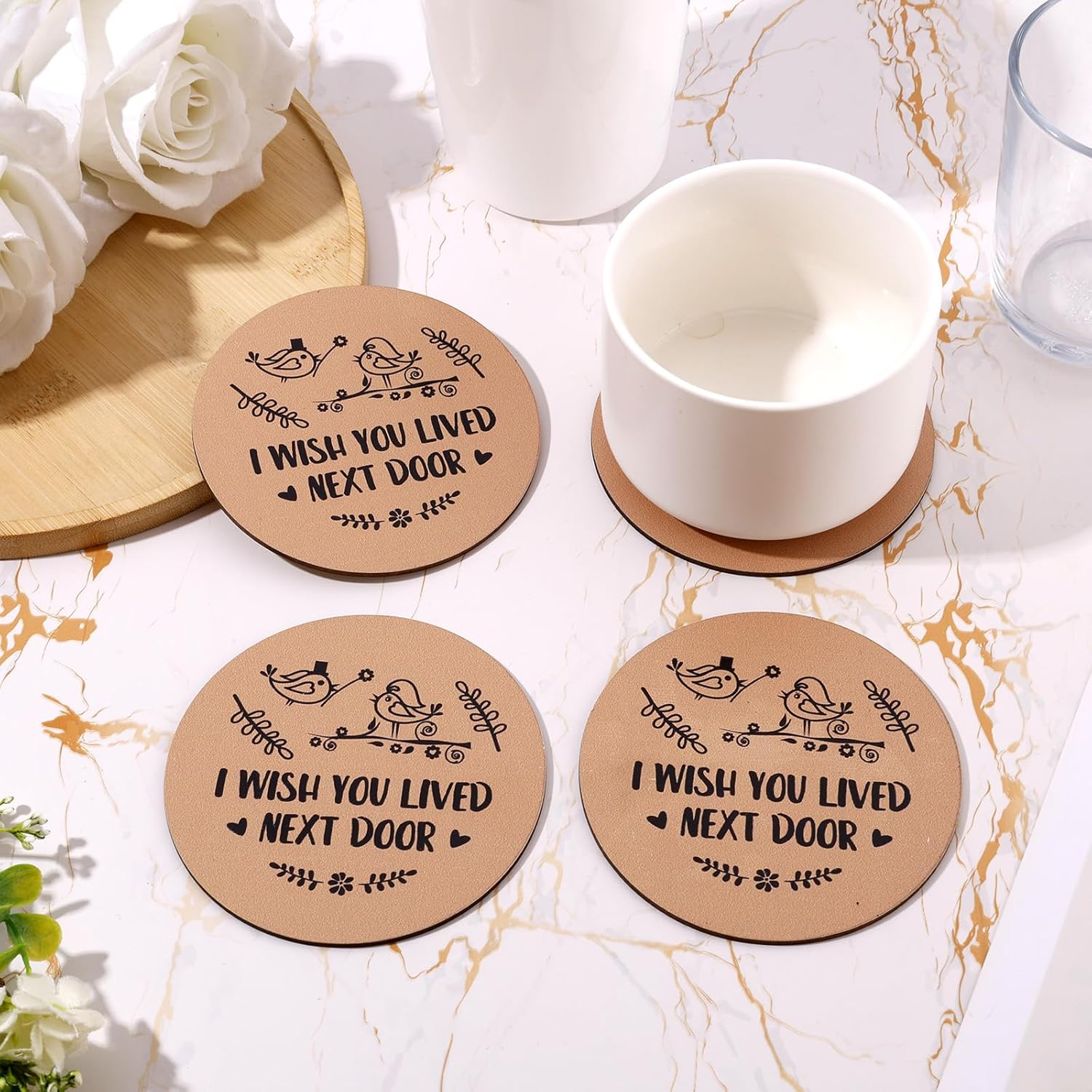 4Pcs Wooden Coasters, 10Cm round Coasters I Wish You Lived Next Door Gifts for Kinds of Cups Coffee Table Bar Home Office