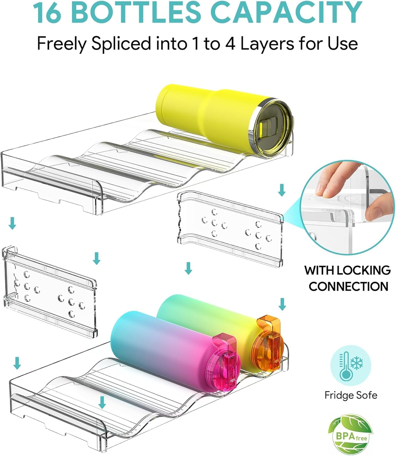 Water Bottle Organiser, Water Bottle Holder Plastic Stackable Water Bottle Storage Rack for Kitchen Cabinets, Countertop, Pantry Storage and Fridge, Free-Standing Kitchen Storage Holder (16 Bottle) image number 6