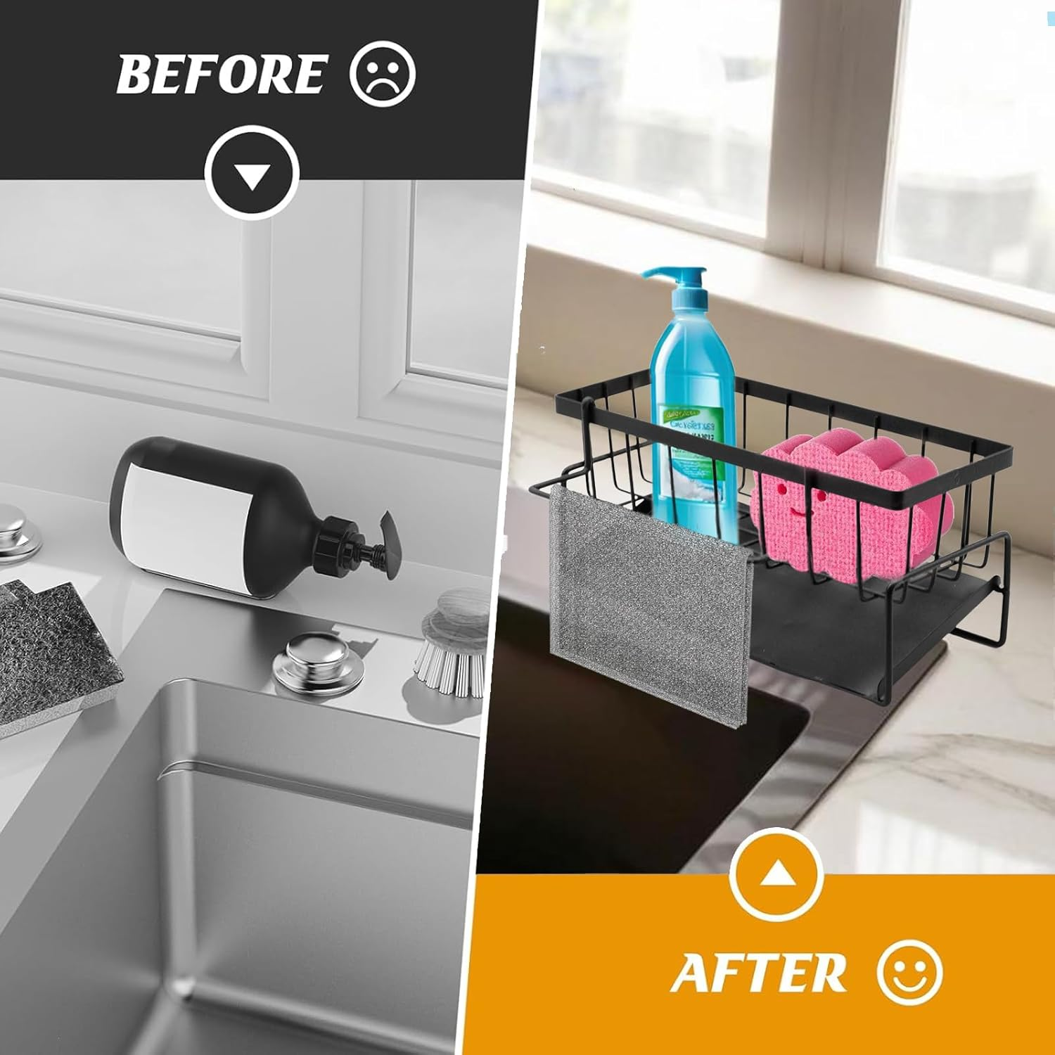 Stainless Steel Sink Organizer, Auto-Drain Kitchen Sink Caddy, Countertop Mount, Dishware, Black image number 2