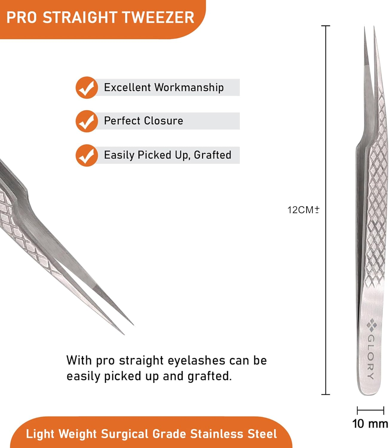 Precision Fiber Tips Perfect Tweezers for Isolation and Classic Eyelash Extensions, Stainless Steel Pro Straight Tip Anti-Slip Anti-Static Diamond Grip Eyelash Tweezers image number 1