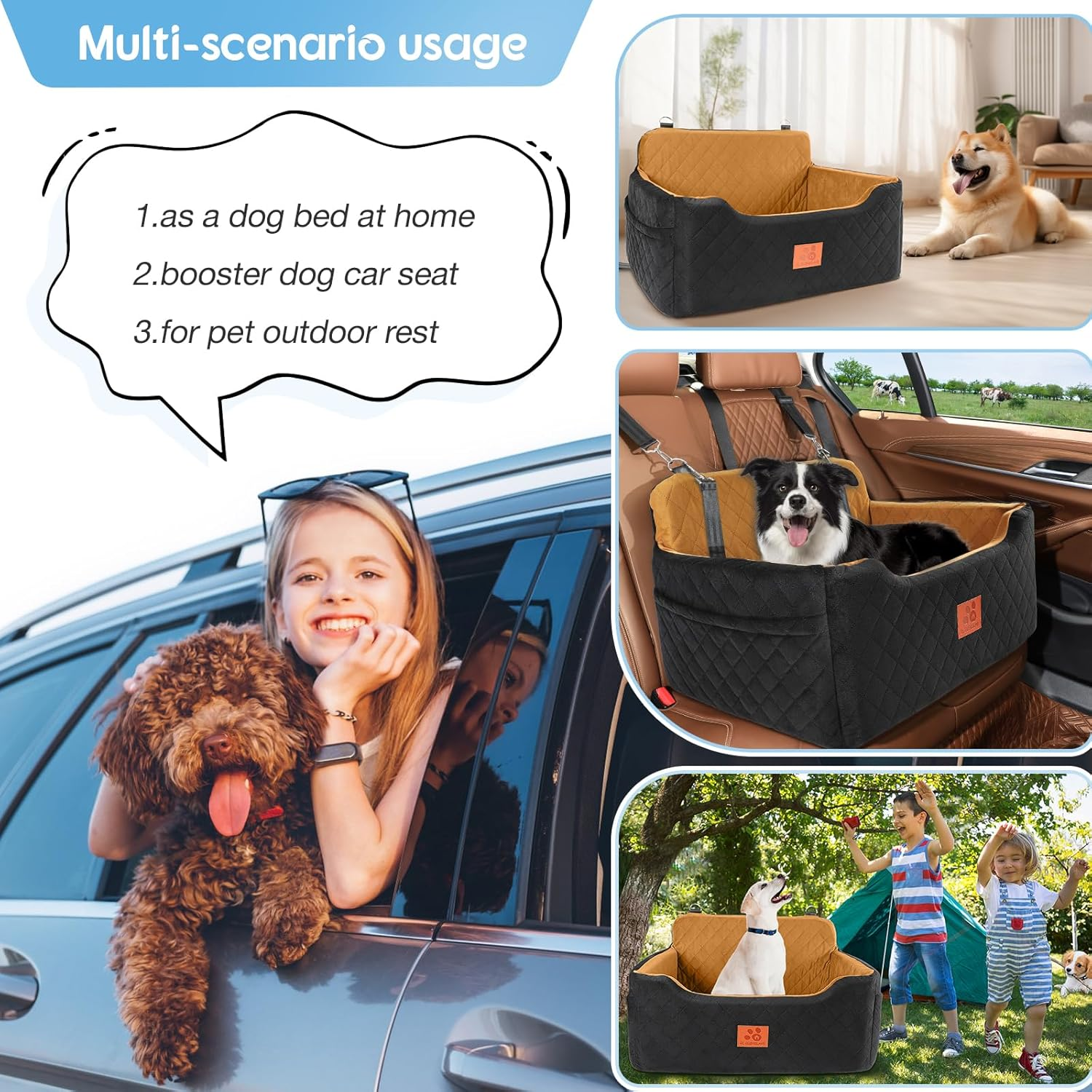 GL GLENSLAVE Dog Car Seat for Medium/Large Dogs, Dog Booster Seat for Dog under 50Lbs or 2 Small Dogs, Detachable and Washable Pet Car Seat, Multi-Functional Travel Dog Bed & Dog Sofa(Black/Brown) image number 1