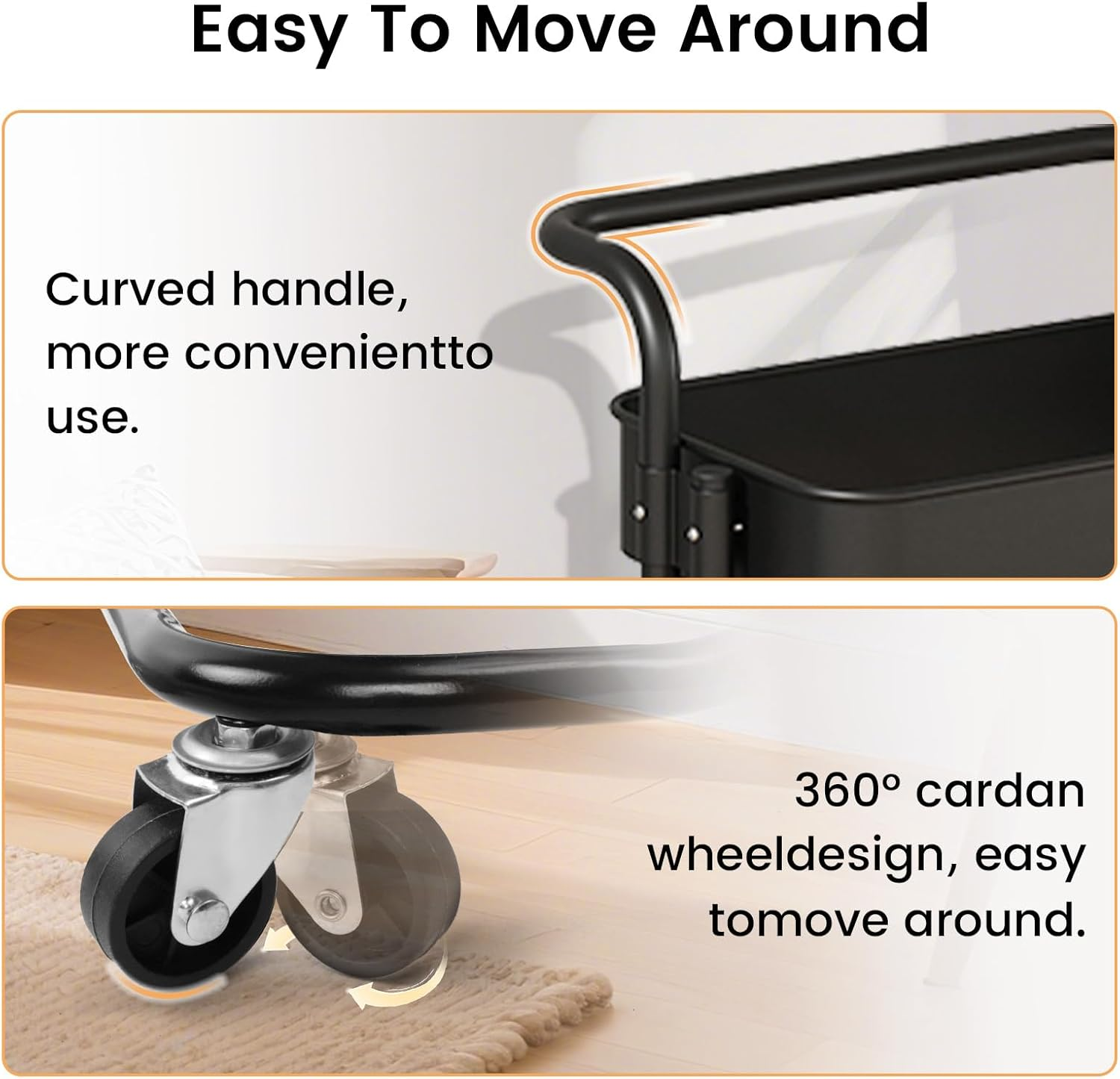 DAWNTREES Black 3 Tier Plastic Basket Trolley with Wheels, Multifunctional Metal Kitchen Storage Trolley, Mobile Storage Rack, Suitable for Office, Home, Kitchen, Garden image number 3