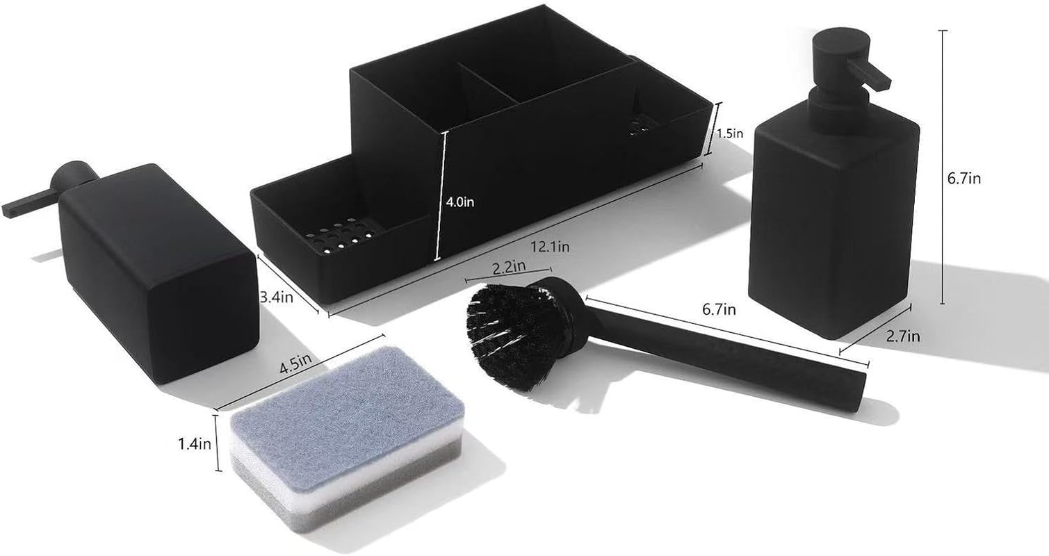 JCQMZB Kitchen Soap Dispenser with Sponge Holder Set for Sink Caddy (Double Soap Dispensers and 1 Brush) Matte Black image number 5