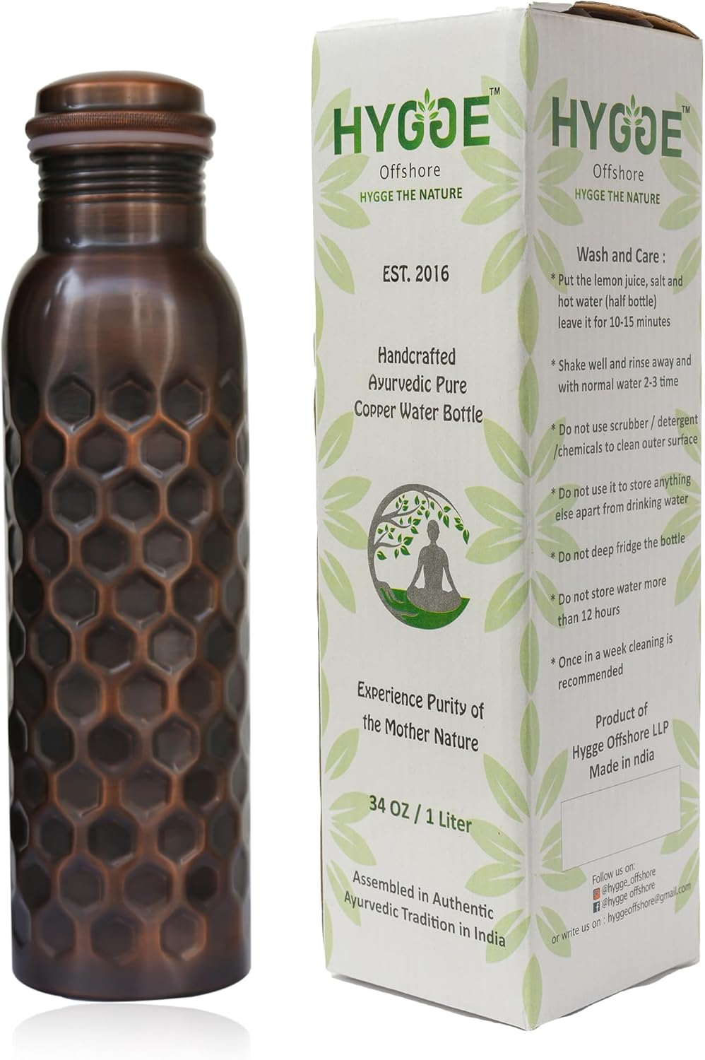 HYGGE 34 Oz Pure Copper Water Bottle &ndash; Ayurvedic Copper Vessel &ndash; Leak-Proof, Antique Hammered Design &ndash; Promote Health & Hydration &ndash; Eco-Friendly Drinkware image number 3