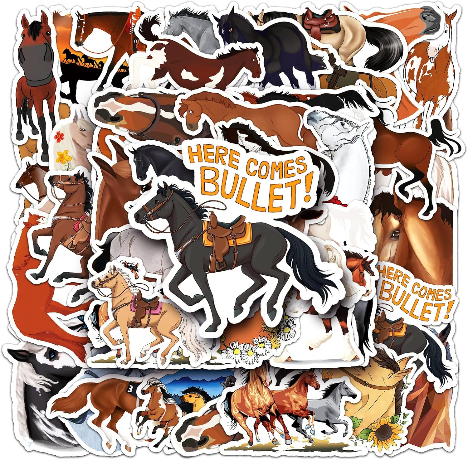 50 Packs Horse Stickers Water Bottles Laptop Phone Motorcycle Computer Guitar Skateboard Hydroflasks Cartoon Horse Vinyl Sticker Waterproof Aesthetic Trendy Decals for Teens Girls Adults - Animal image number 3