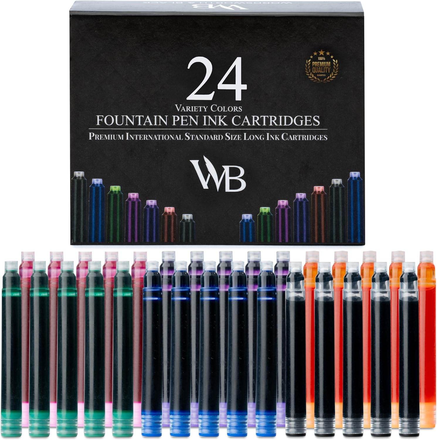 Wordsworth & Black 24 Pack Fountain Pen Ink Refills - SET of 24 ASSORTED COLORS Ink Cartridges - International Standard Size - Length Appr 3.75 CM - Base Diameter Appr 0.6 CM - Disposable and Generic image number 1