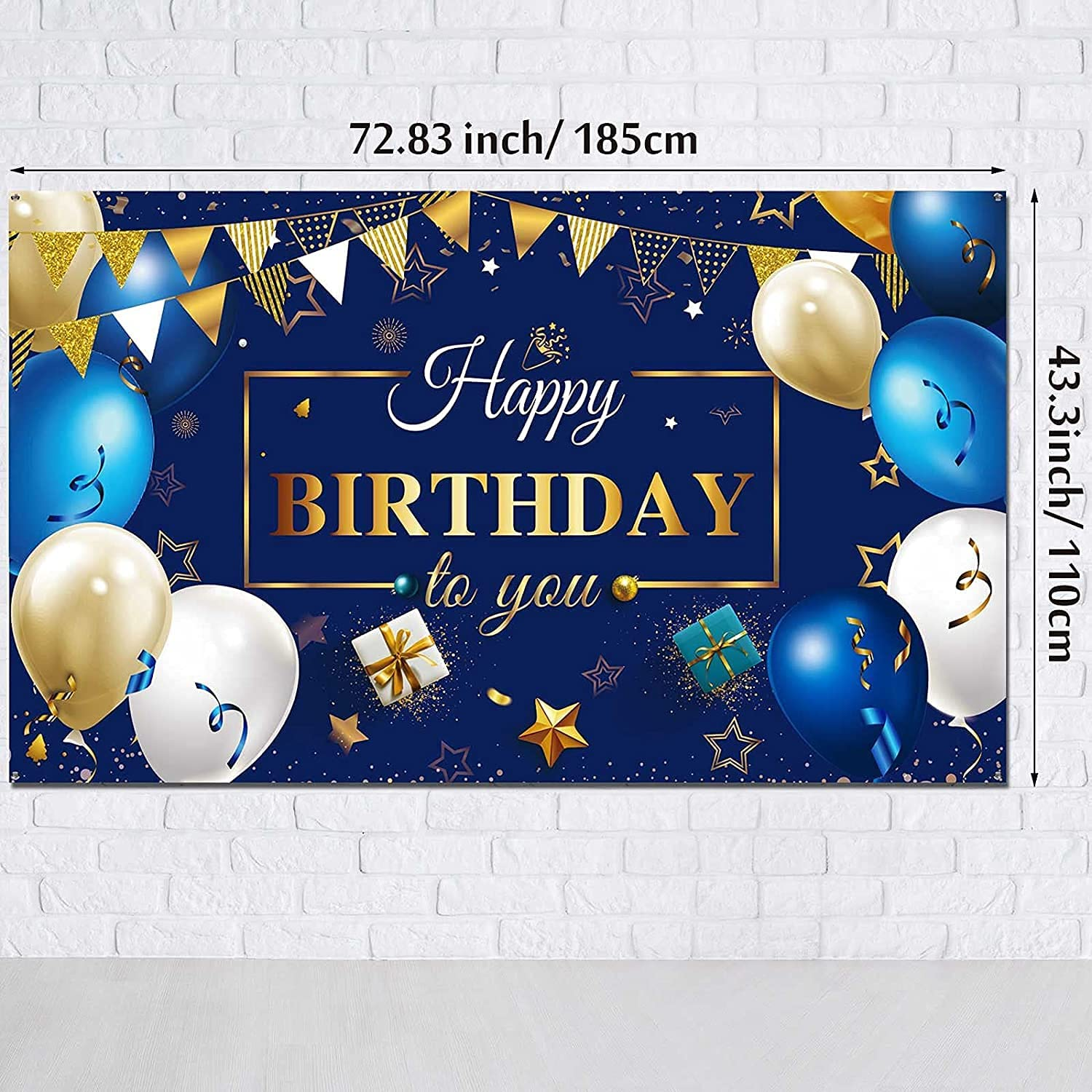 Happy Birthday Decorations Banner - Navy Blue and Gold Sign for Party Supplies, Photo Backdrop Background for Children, Men, Women Celebration, 72.8 X 43.3 Inch image number 5