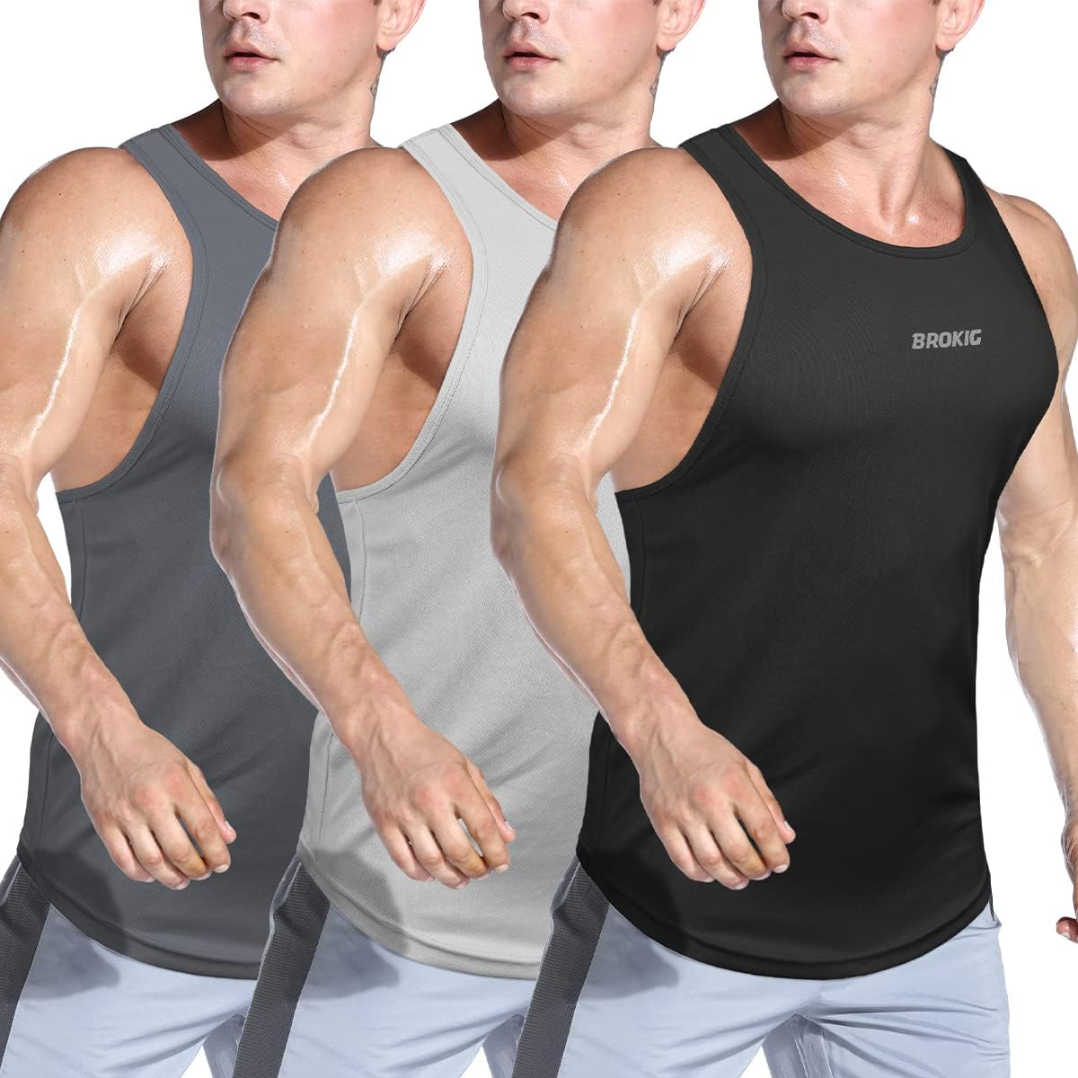 BROKIG Men'S Lightweight Gym Tank Top,Mens 2 Pack Workout Slim Fit Singlet Performance Cool Mesh Muscle Sleeveless Shirt