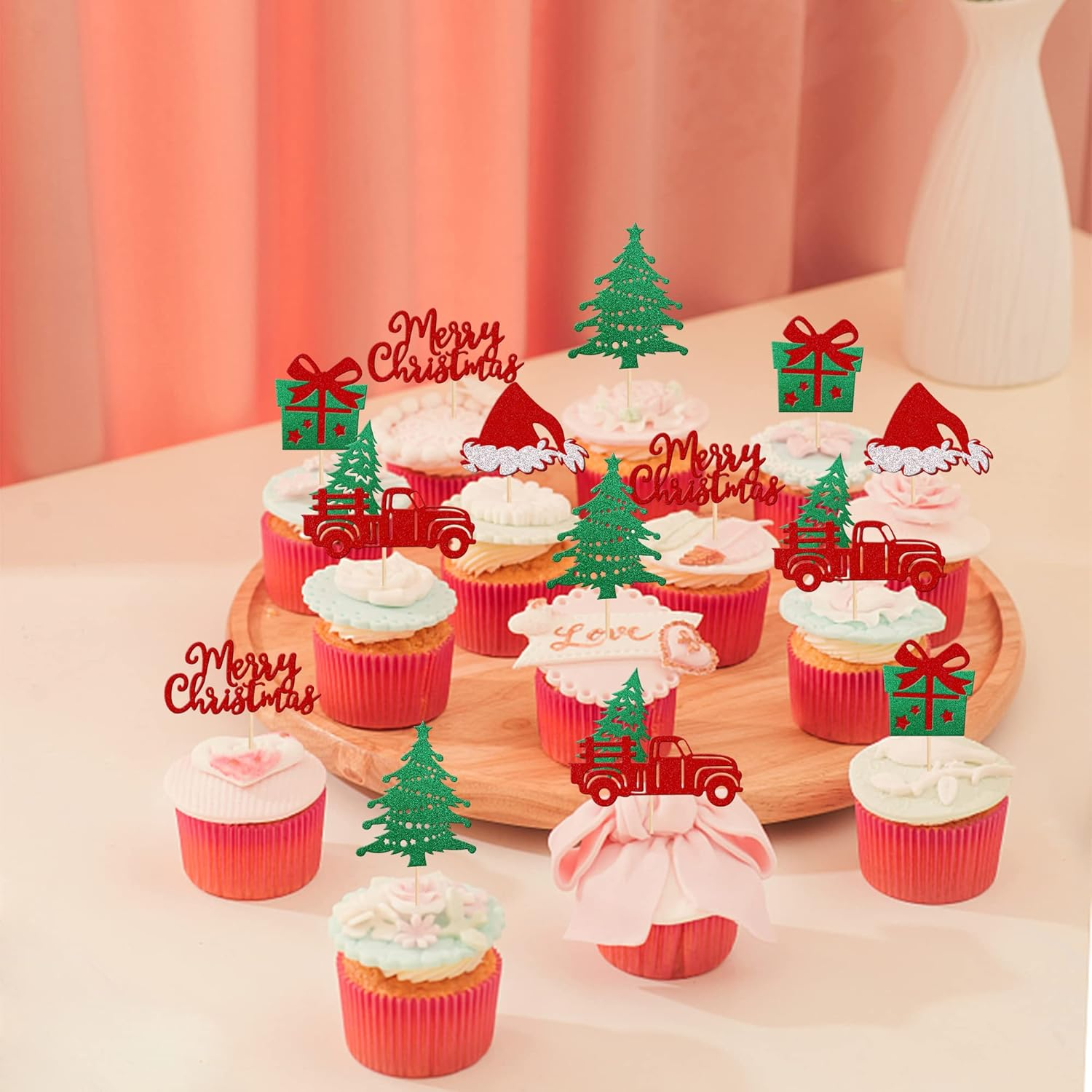 30 Pack Christmas Cupcake Toppers Glitter Christmas Truck Tree Hat Cupcake Picks Gift Box Cake Decorations for Christmas Theme Baby Shower Birthday Merry Christmas Party Supplies