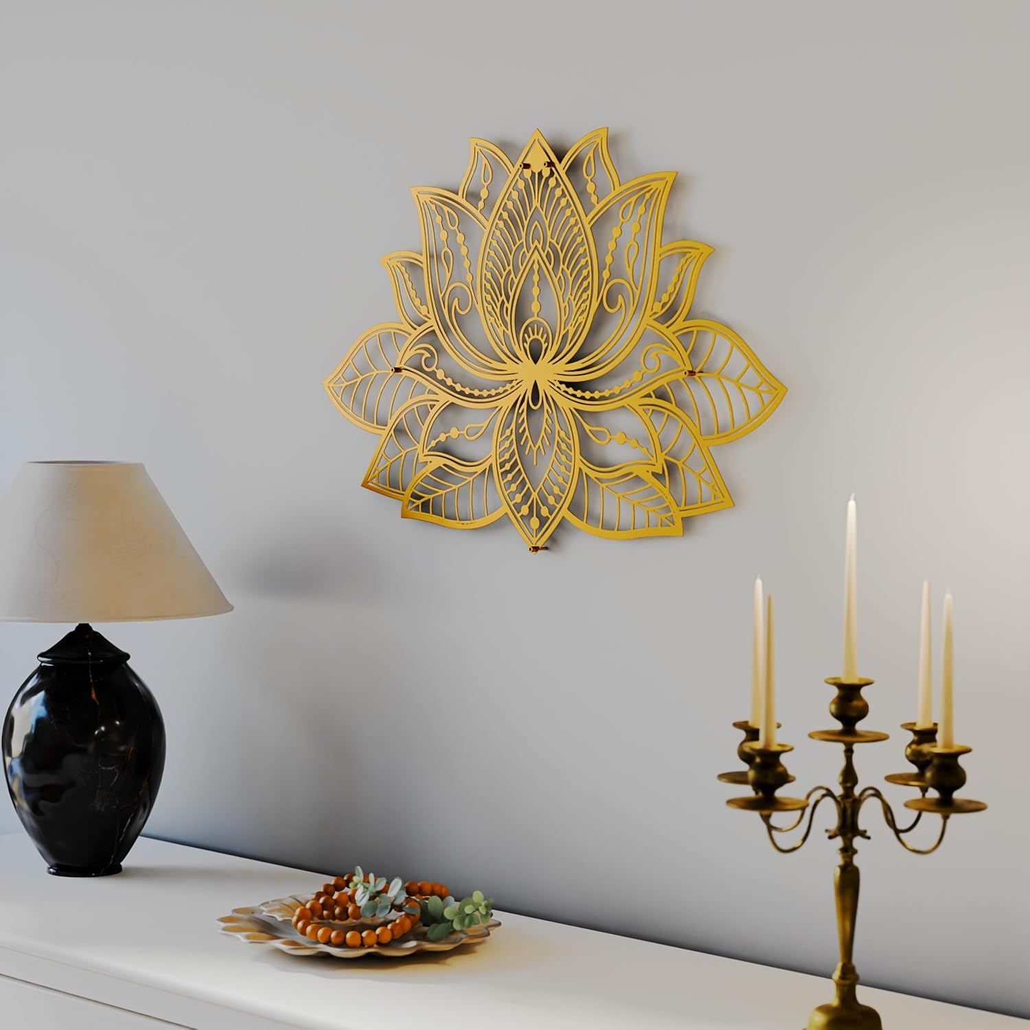 Iwa Concept Mandala Metal Wall Decor, Lotus Flower Meditation Room Decor, Minimalist Zen Garden Bohemian New Year (26.3" X 17" | 67 X 43 Cm, Silver)