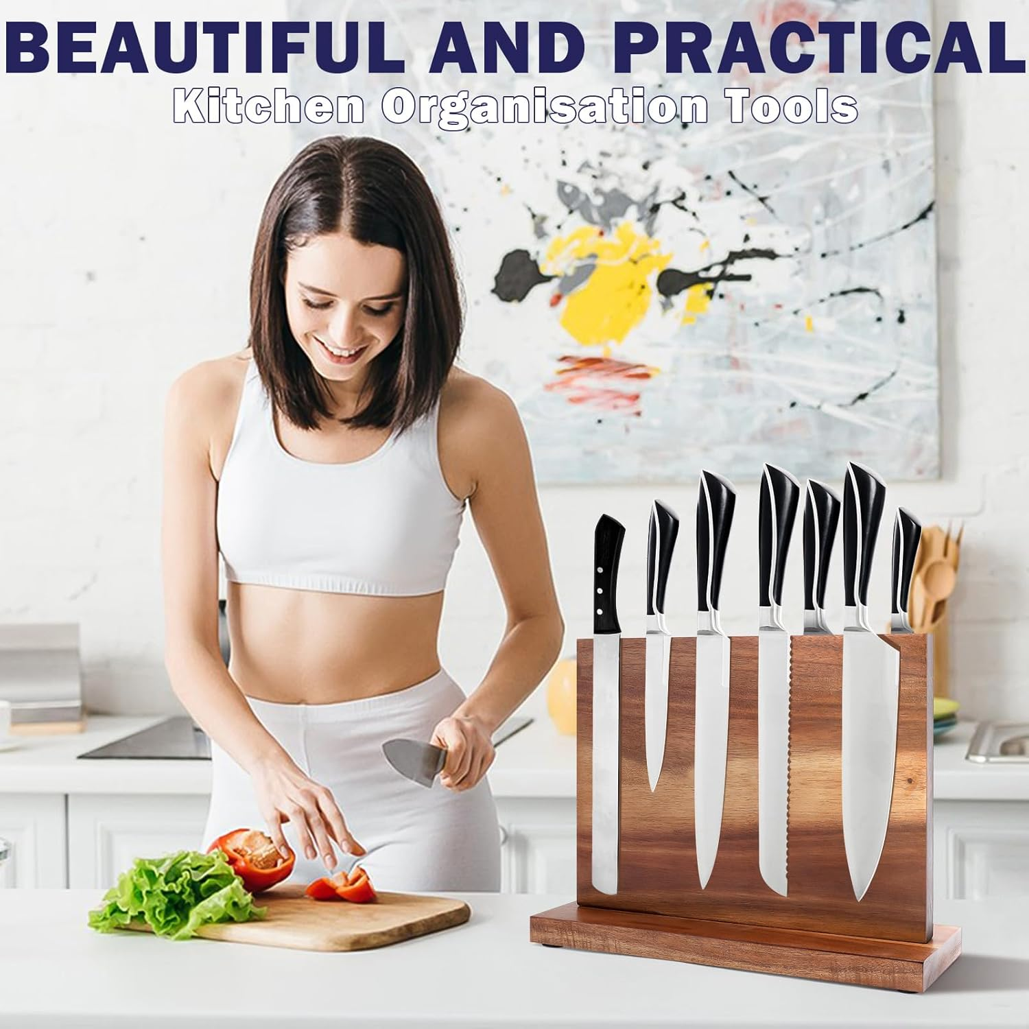 Magnetic Knife Holder, Wooden Knife Magnetic Strip, Magnetic Knife Block, with Strong Magnets, Kitchen Knives Organizer Tools No Drilling image number 5