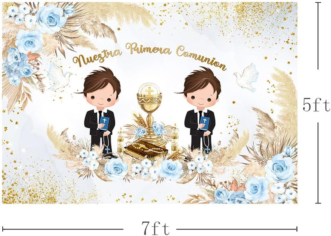 MEHOFOND 2.1 X 1.5 M Background of Boys Twins Christening Our First Communion Bohemian Flower Panther Grass Golden Dot Photography Background Cross Dove Christening Party Decoration Banner Props image number 6