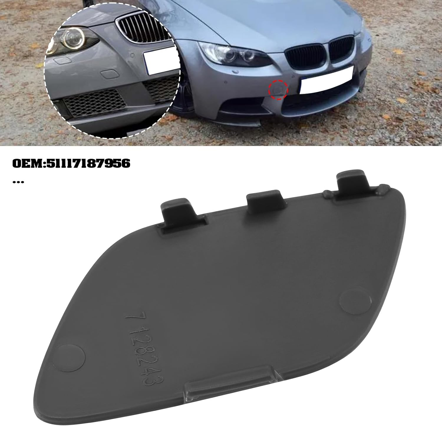 Front Basic Bumper Tow Hook Eye Cover Cap Compatible with BMW E92 E93 3-Series 2006-2009 328I 328Xi 335I 335Xi 2 Door, 51117187956 image number 4