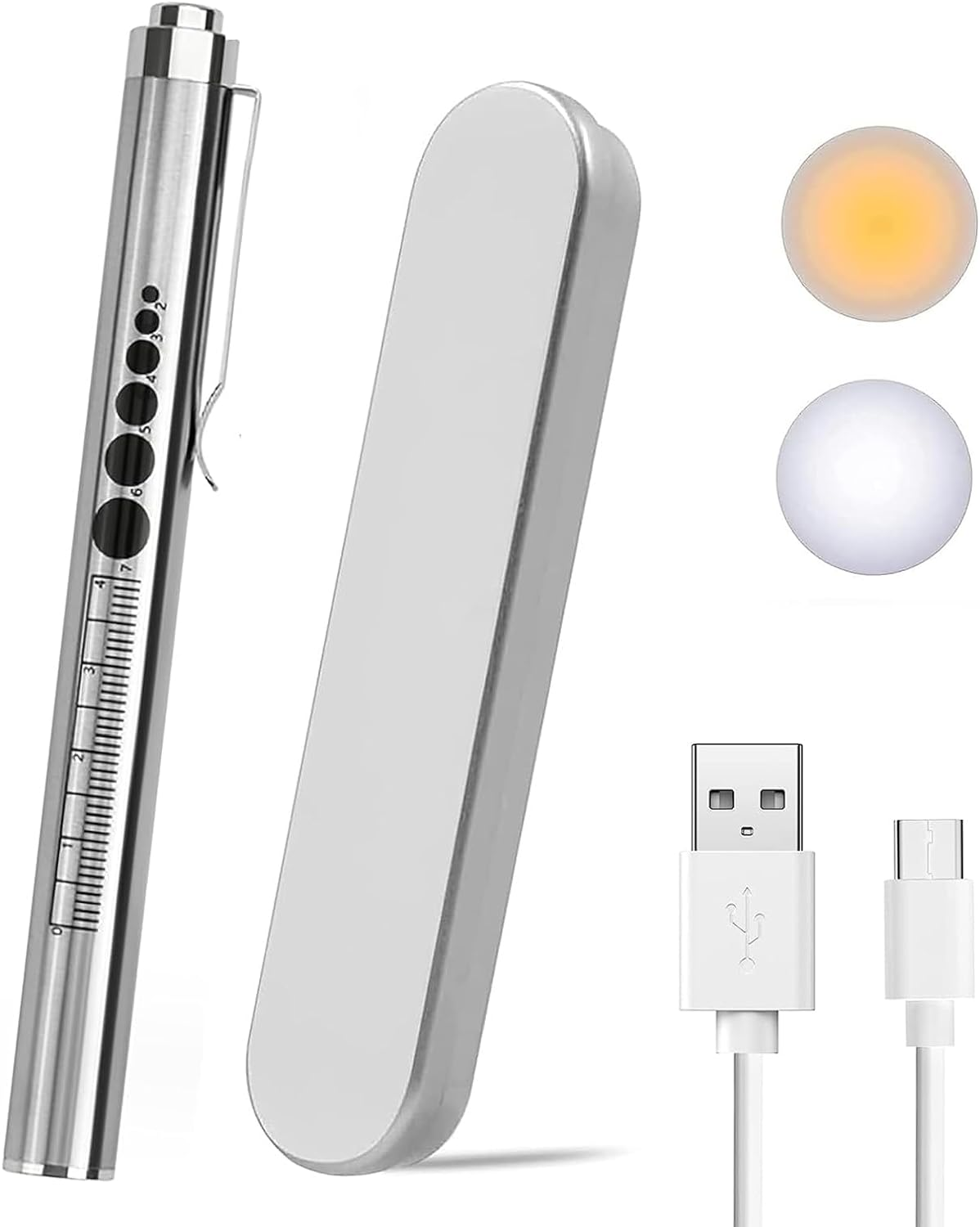 YUENTOEN Pen Light, LED Pupil Gauge Penlight with 2 Light LED Sources, USB Rechargeable Mini Penlight for Gifts Home Camping Outdoor(Silver) image number 1