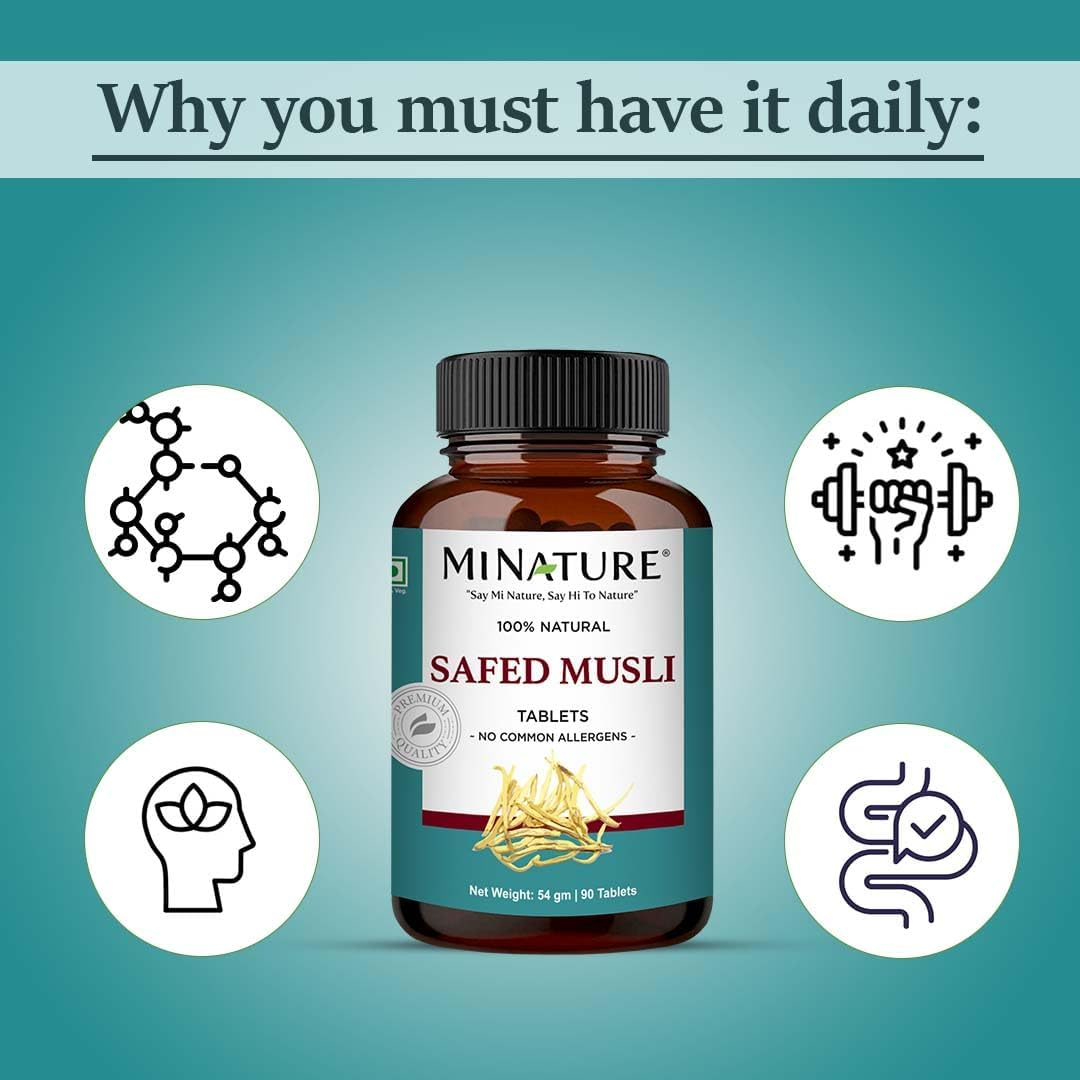 Safed Musli Tablets by Mi Nature| | Pure & Natural Herb | Free from Chemical & Preservative| Plant Based Gluten Free |90 Tablet, 45 Days Supply 1000Mg image number 1