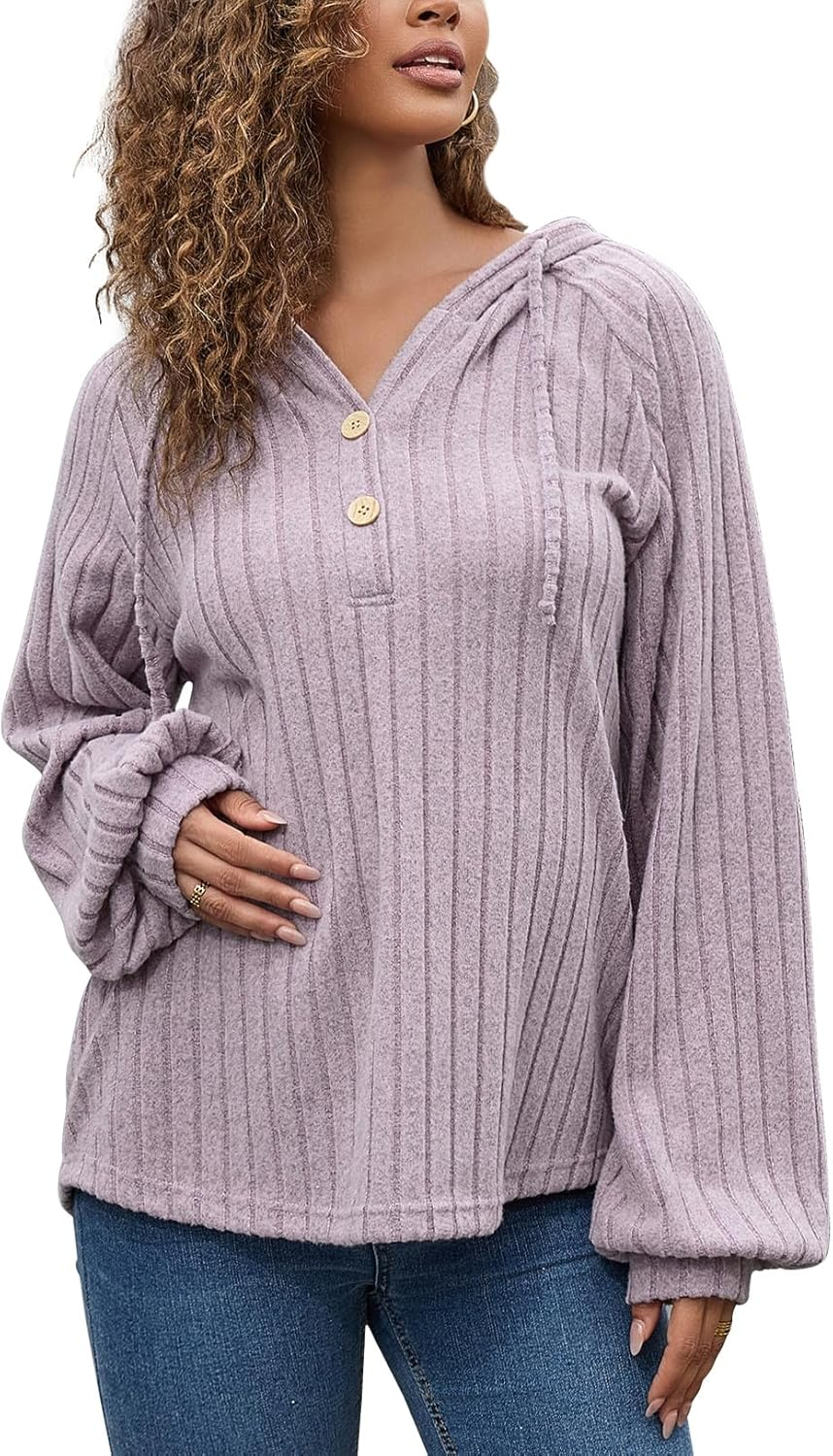 Maternity Oversized Sweatshirts for Women Long Sleeve Rib Knit Button Hoodies Loose Pullover Tops