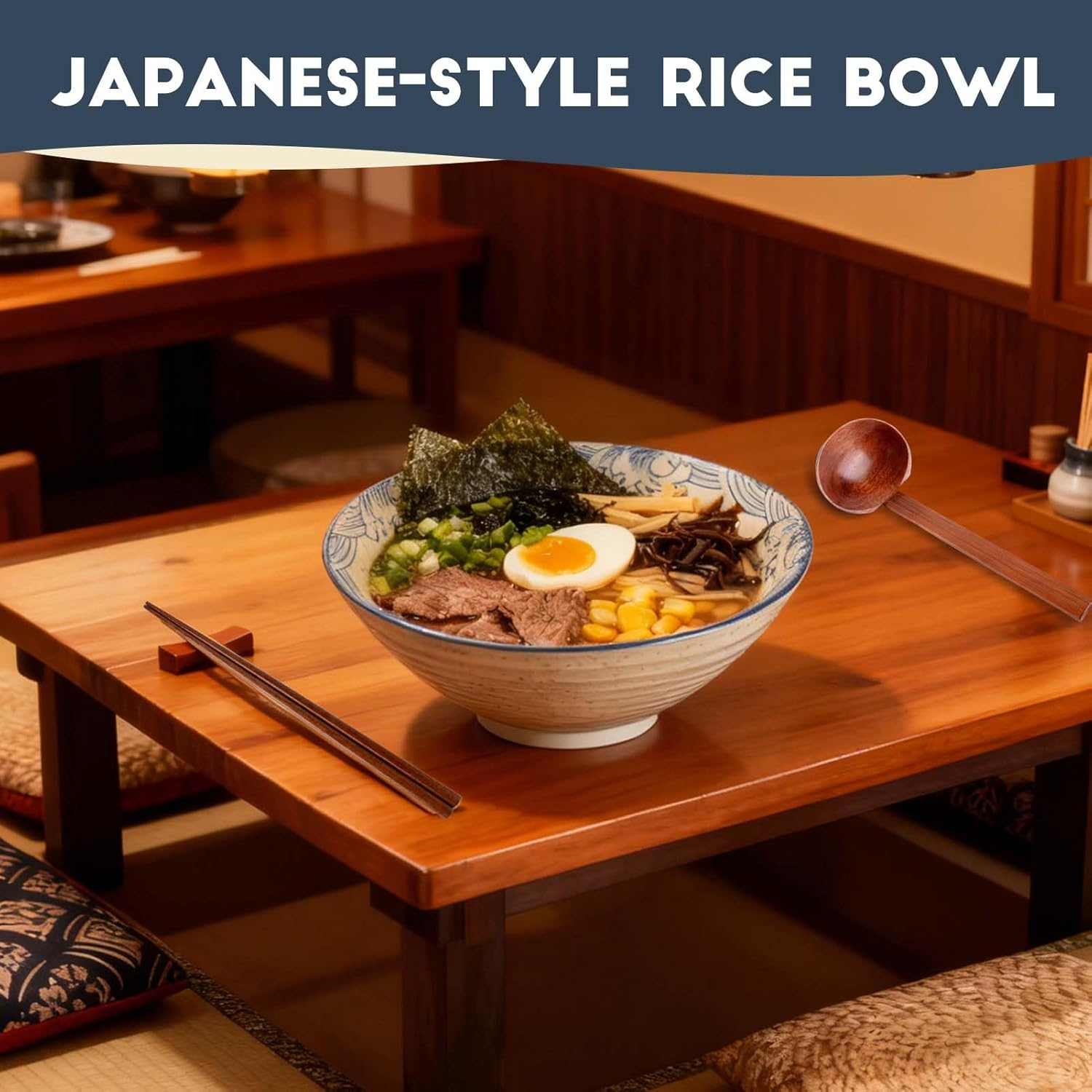 Ceramic Japanese Ramen Bowl Set 40 Oz Noodle Soup Bowl with Matching Spoons and Chopsticks 8 Inch for Udon Soba Miso Soup,Set of 2 image number 3