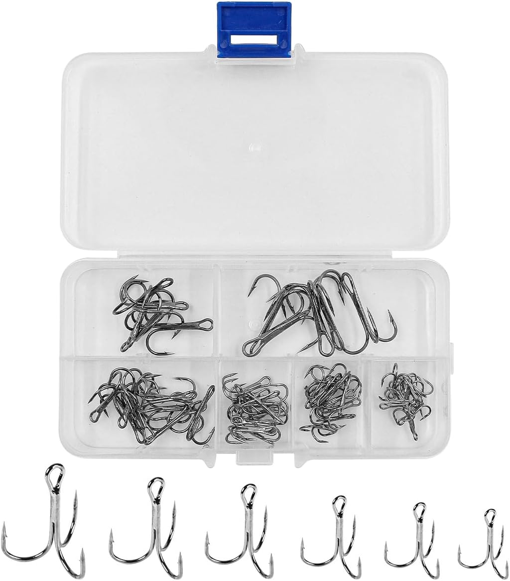 50Pcs NUZAMAS Fishing Treble Hooks Kit 3 Way Claw Fishing Hook High Carbon Steel Fishing Hook with Tackle Box for Trout Catfish Saltwater Freshwater Size 2 4 6 8 10 12 image number 4