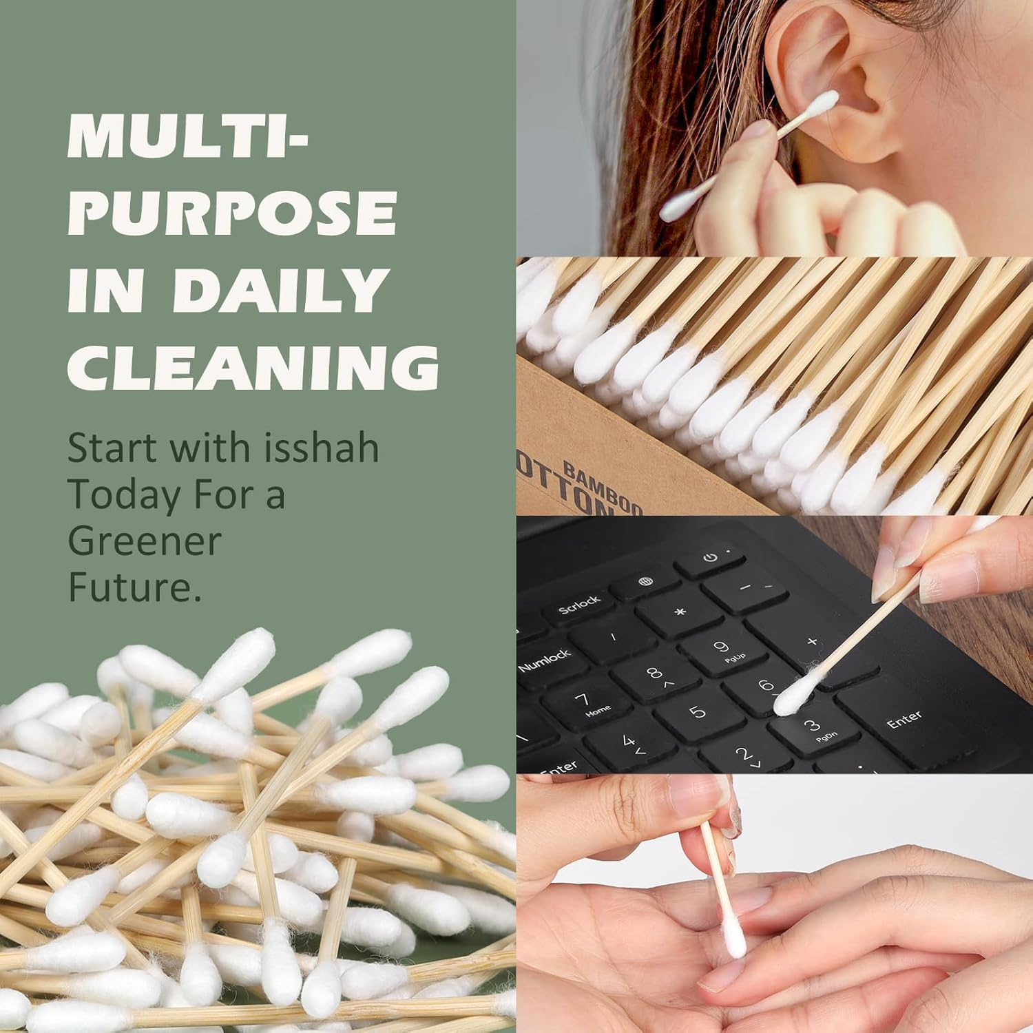 Bamboo Cotton Swabs - 500 Count - Vegan Cotton Swabs, Eco Friendly Double Tips, Plastic Free Ear Sticks, All Natural 100% Biodegradable Organic Cotton Buds By image number 6
