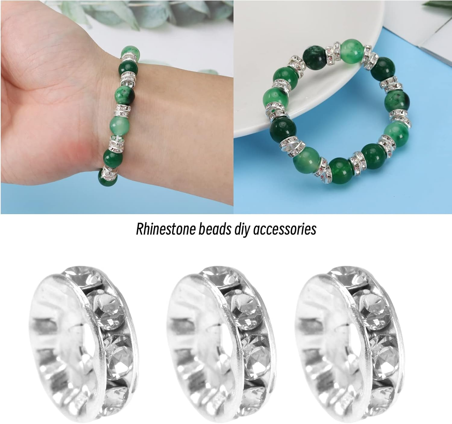 Emagtech 150PCS Rondelle Spacer Beads Shiny Rhinestone Loose round Beads for Bracelet Necklace Earring Jewelry Making Decorations 6Mm 8Mm 10Mm 50PCS Each Size Silver image number 5