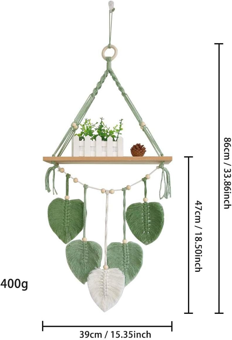 AIMALL 1 Piece Nordic Style Handmade Woven Tapestry Wall Hanging with Storage Rack, Pine Wood Frame, Leaves Design, 39X86Cm, Durable Decorative Shelf for Plants image number 2