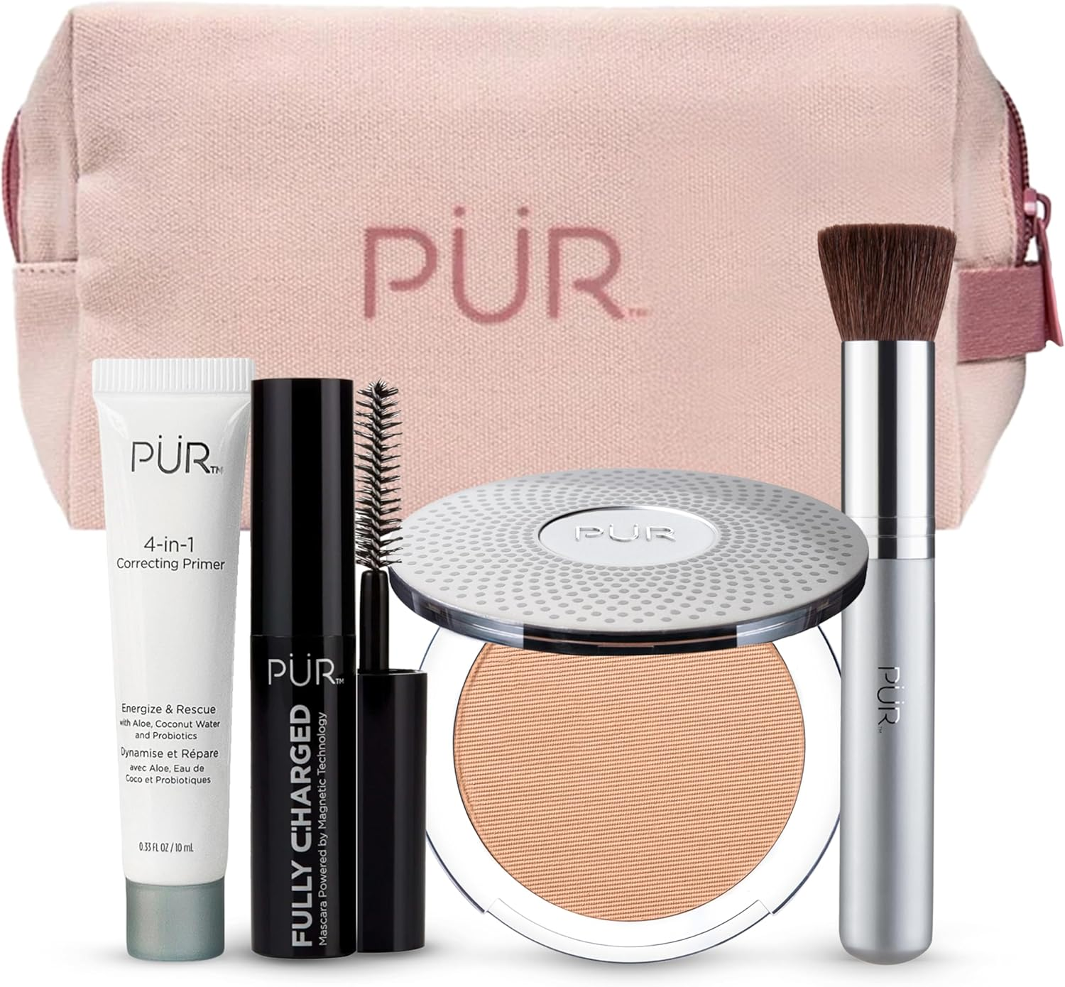 P&Uuml;R Minerals Multitasking Essentials Kit, Blush Medium - Makeup Gift Set Includes 4-In-1 Correcting Primer, Fully Charged Mascara, 4-In-1 Pressed Mineral Powder & 1 Chisel Brush
