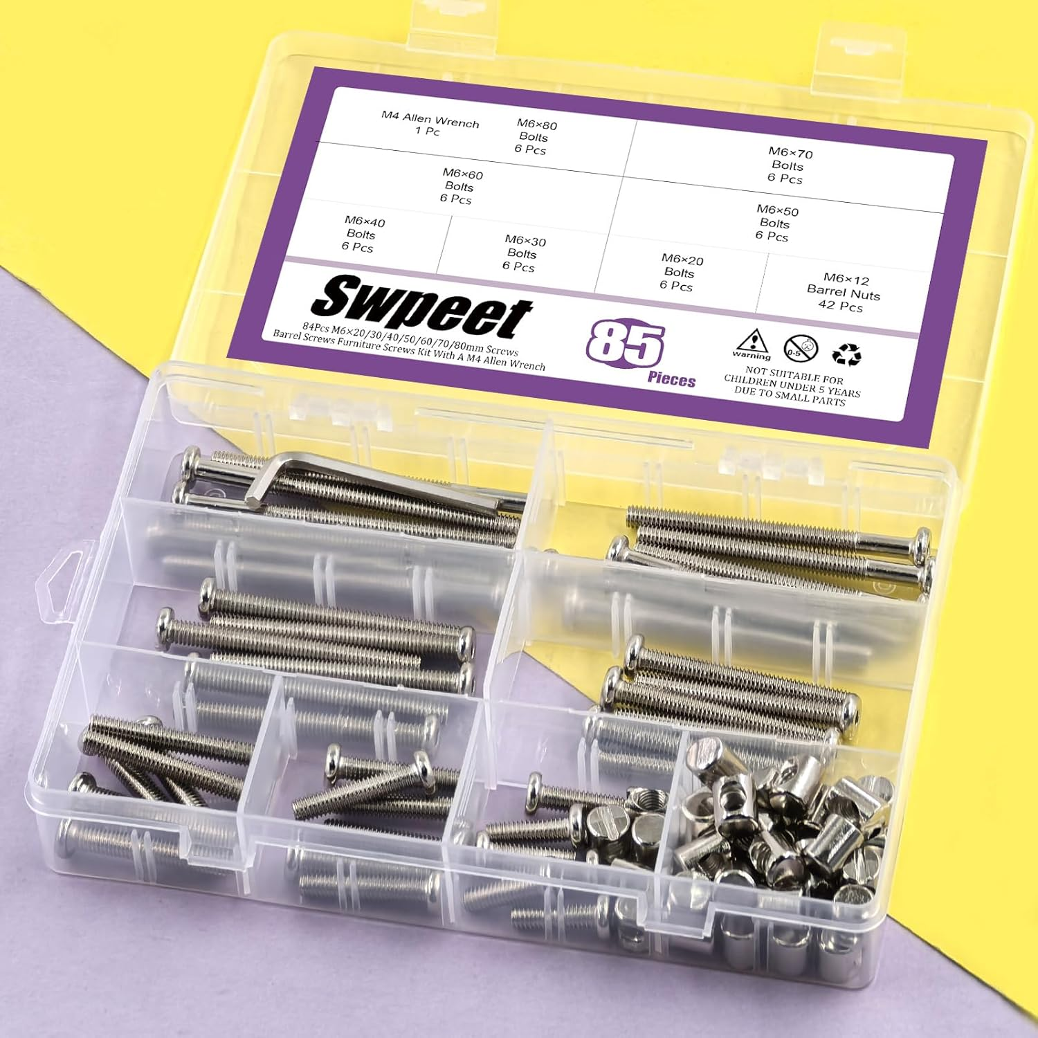 Swpeet 85Pcs M6 20/30/40/50/60/70/80Mm Nickel Plated Screws Kit, Hex Socket Head Cap Crib Baby Bed Bolt and Barrel Nuts with 1Pc Allen Wrench Perfect for Furniture, Cots, Hardware Crib Screws image number 5