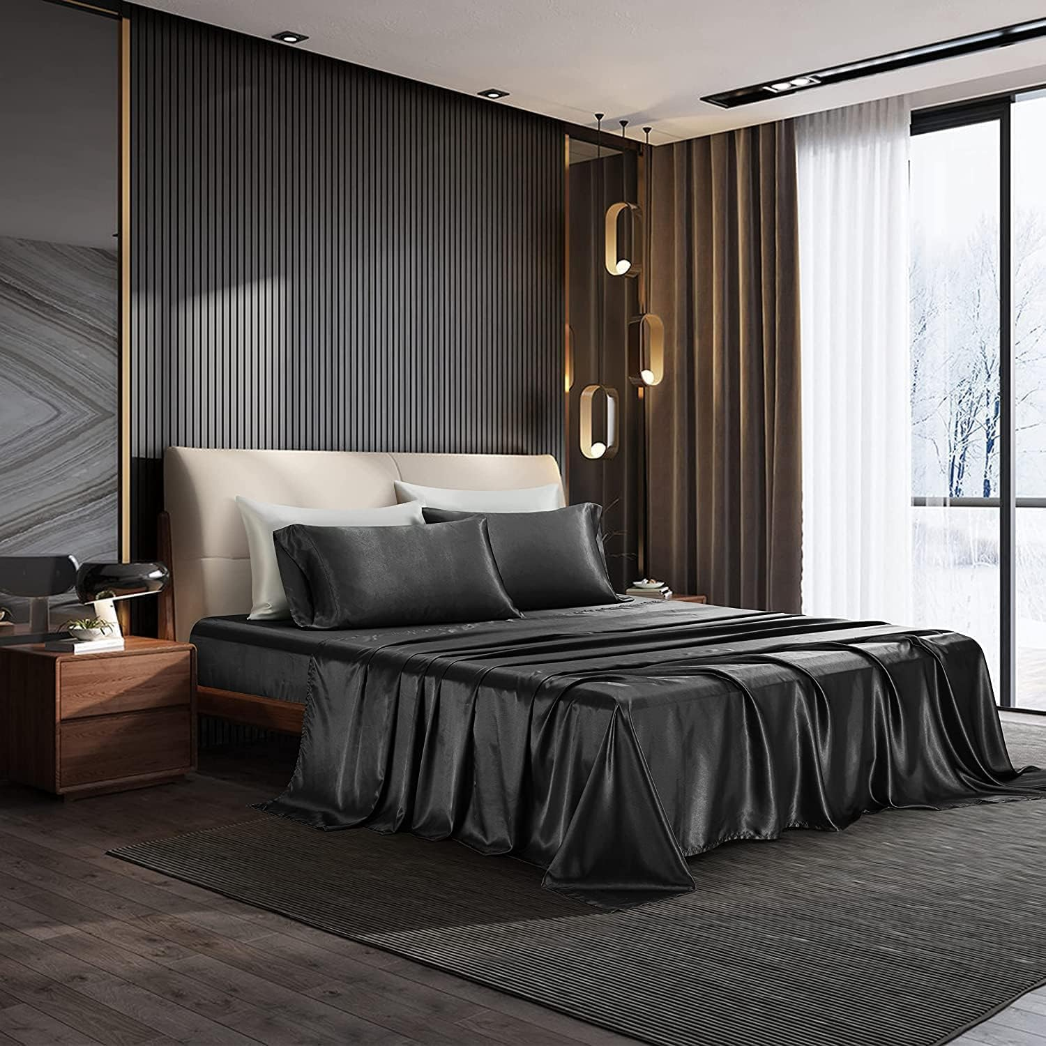 Ultra Soft Sheet Set,100% Soft Luxury Silky Satin, Fitted Sheet & Flat Sheet & 2 Pillowcases (Black, Singe)