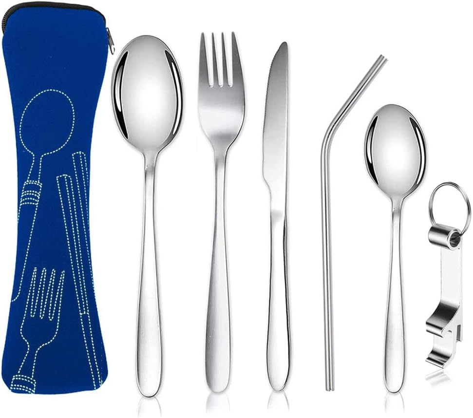 6-Piece Portable Camping Cutlery Set, 304 Stainless Steel Cutlery Sets, Camping Cutlery with Knife, Fork, Spoon, Bottle Opener, Straws Cutlery Bag for Outdoor Travel Picnic Green