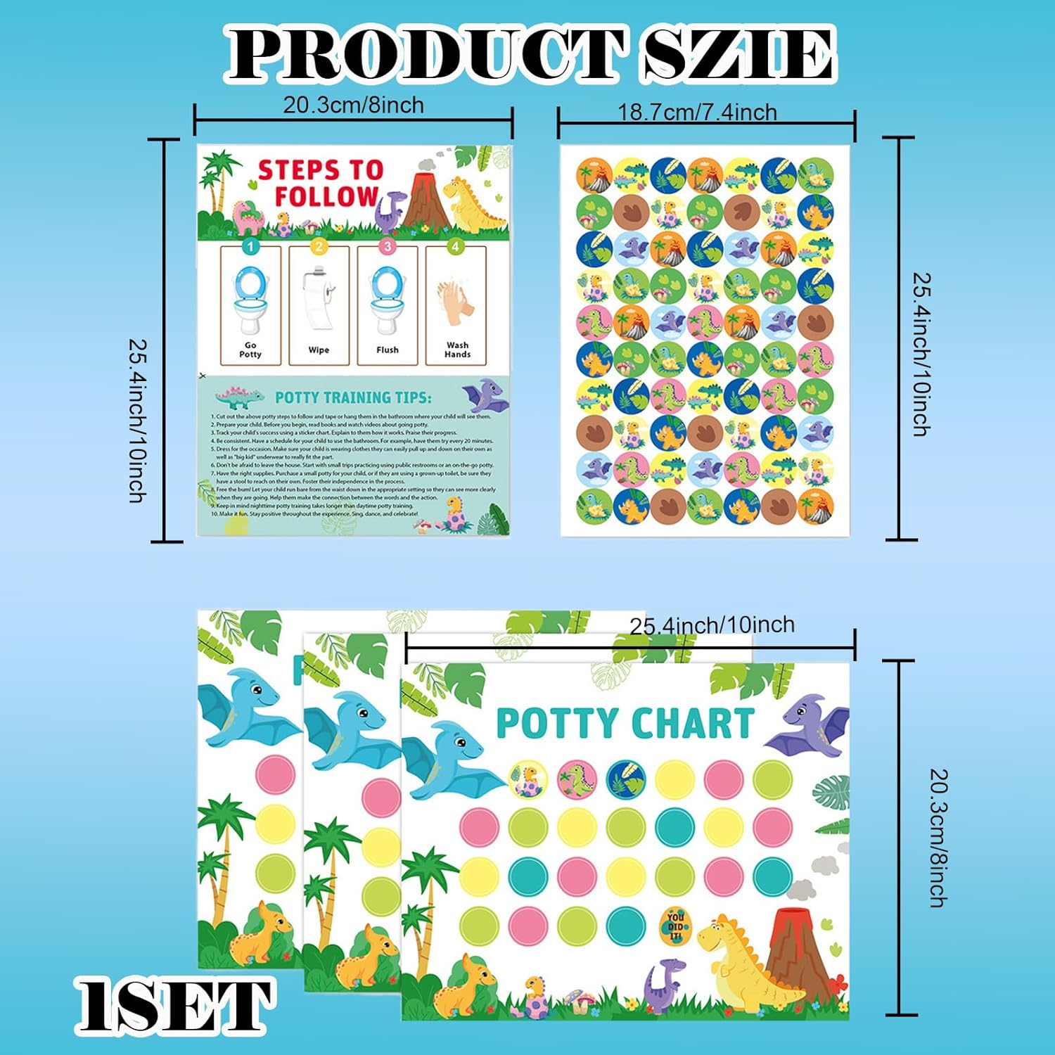 Toilet Training Reward Chart with Stickers, 10 Pcs Reward Chart for Kids for Potty Training, Cartoon Potty Training Products for Toddlers Boys & Girls, Stickers on Wall or Bathroom (Dinosaur) image number 4