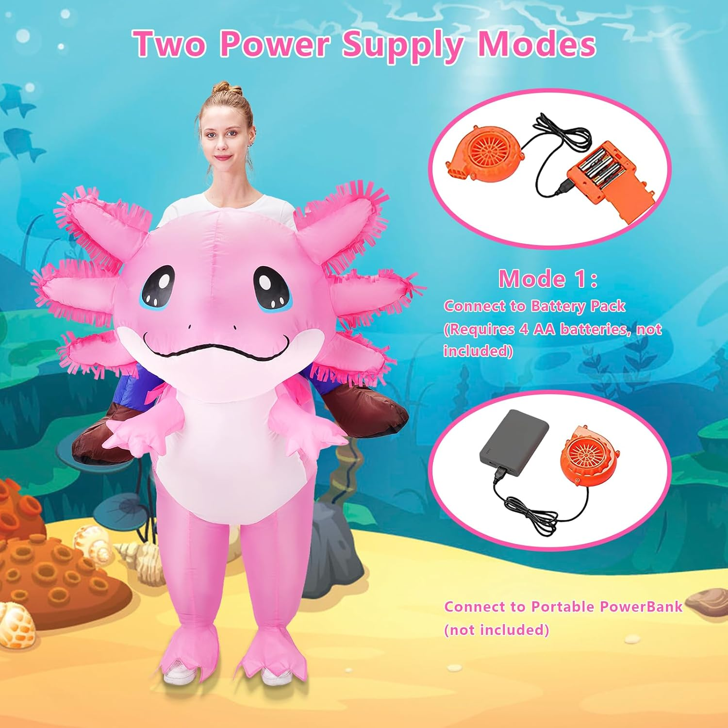 Inflatable Costume Adult/Kids Axolotl Costumes Deluxe Halloween Air Blow-Up Costume Pink Axolotl Costumes for Cosplay Party image number 6