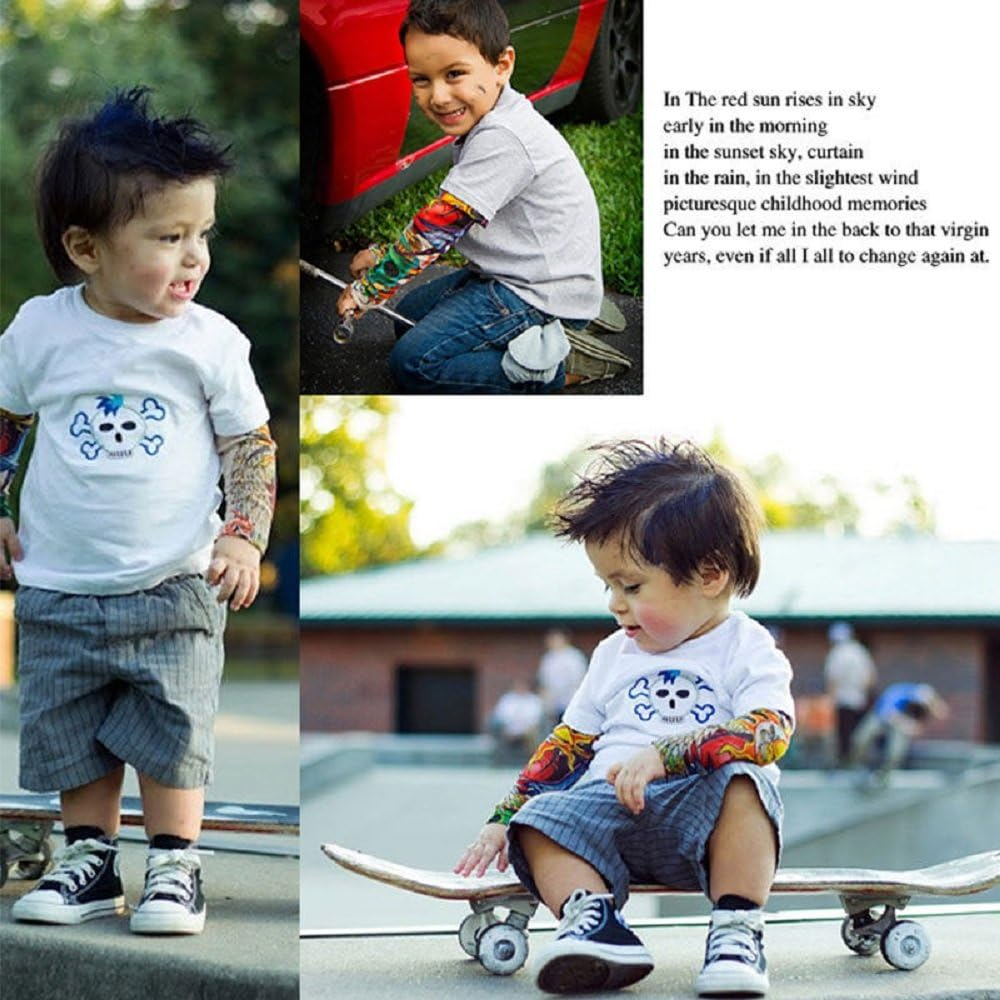 Temporary Tattoo Arm Sunscreen Sleeves for Kids Boy Girls 3-8 Years Old, Body Art Arm Stockings Slip on Accessories for Halloween Cosplay Party Props - Designs Tiger, Crown Heart, Skull, Tribal image number 1