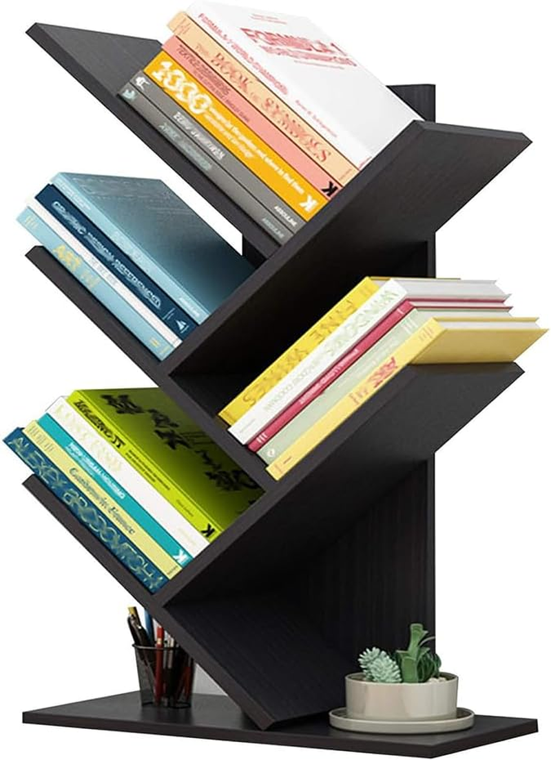 5-Tier Wood Bookshelf Tree Bookcase for Displaying Books, Cds, Magazines and More, Display Floor Standing Shelf for Books, Book Organizer Shelves at Home Office, Living Room, Bedroom, Black image number 4