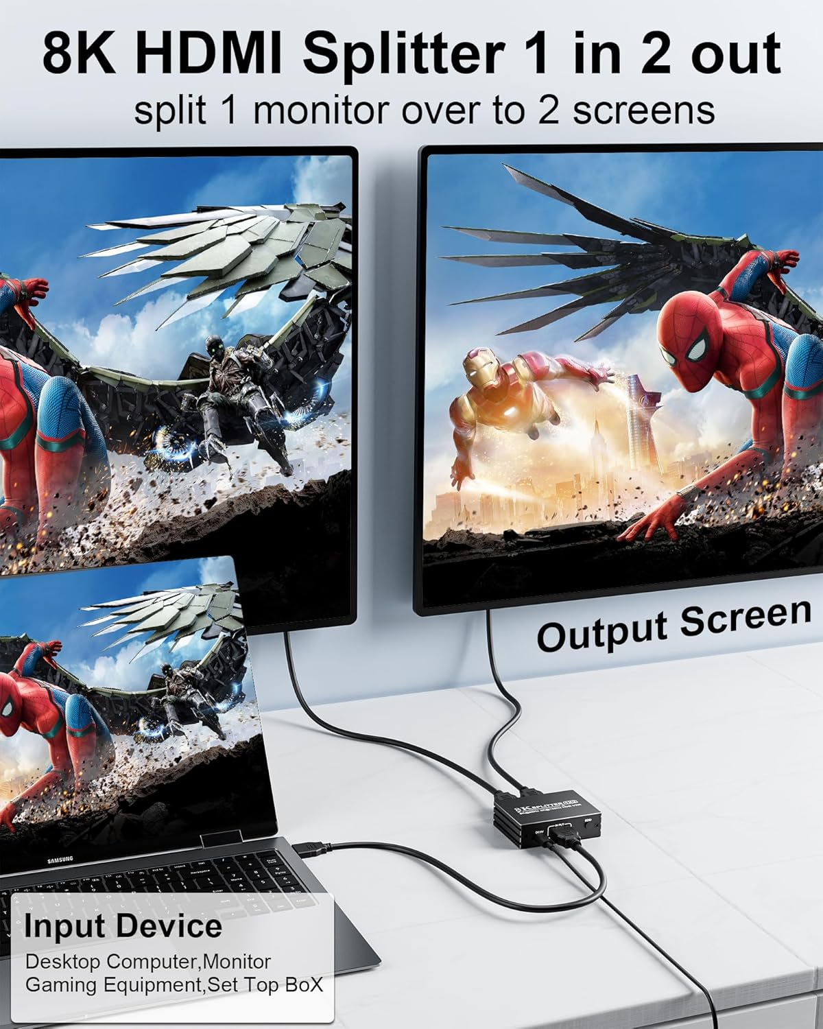 8K HDMI 2.1 Splitter 1 in 2 Out - HDMI Splitter 1X2 for Dual Monitors Mirror Only, Supports 8K@60Hz, 4K@120Hz, 48Gbps, EDID, HDCP 2.3, HDR10+, VRR, Dolby Vision Atmos - for PC, Laptop, TV, PS5, PS4 image number 3
