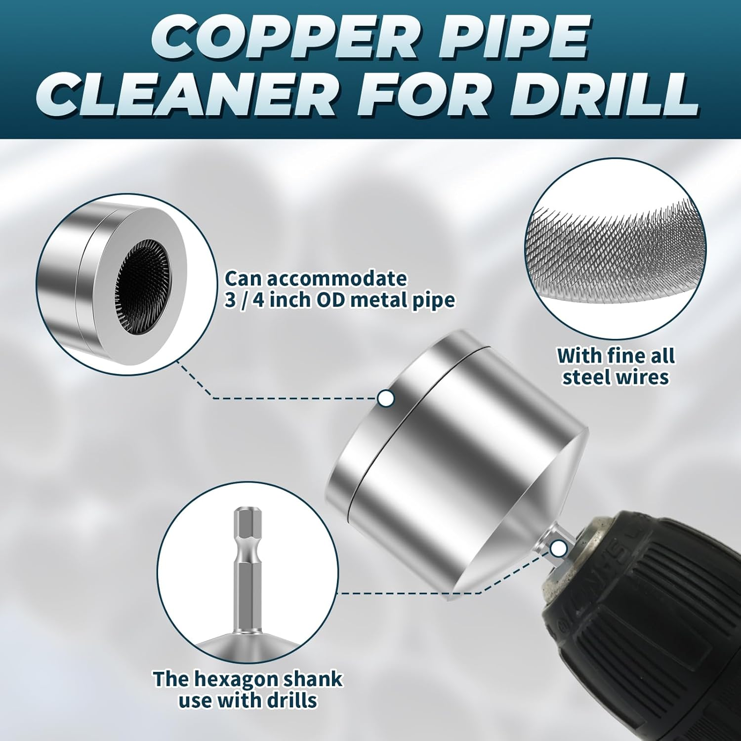 2Pcs Metal Copper Pipe Cleaner, 1/2" & 3/4" Copper Tube Cleaning Brush for Power Drill, Reusable Pipe Cleaner Brush with Replaceable Brushes, Copper Pipe Cleaning Tool for Electric Drill image number 2