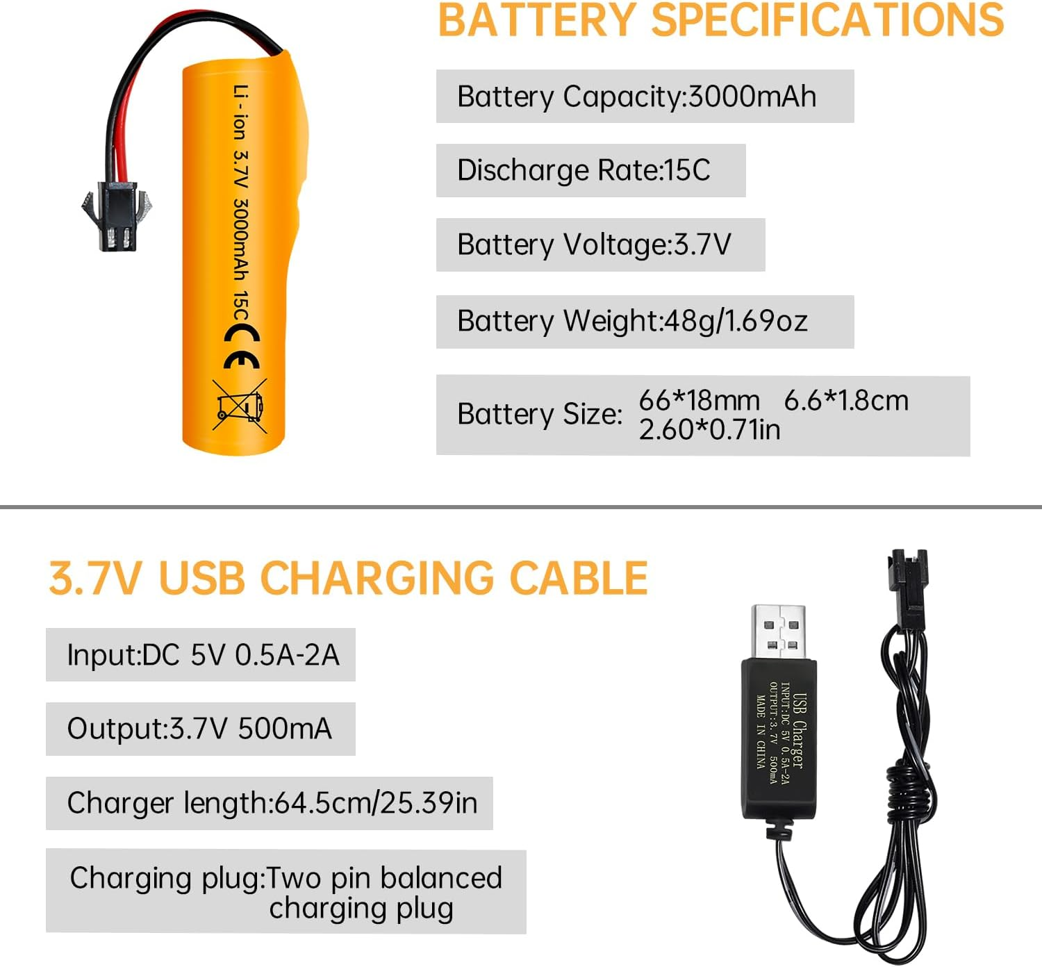 Fytoo 2PCS 3.7V 3000Mah Li Ion Battery with SM-2P Plug and USB Charging Cable Suitable for DE42 DE44 DE45 DE68 RC Remote Control Drifting Car Truck Off-Road Racing Car image number 2