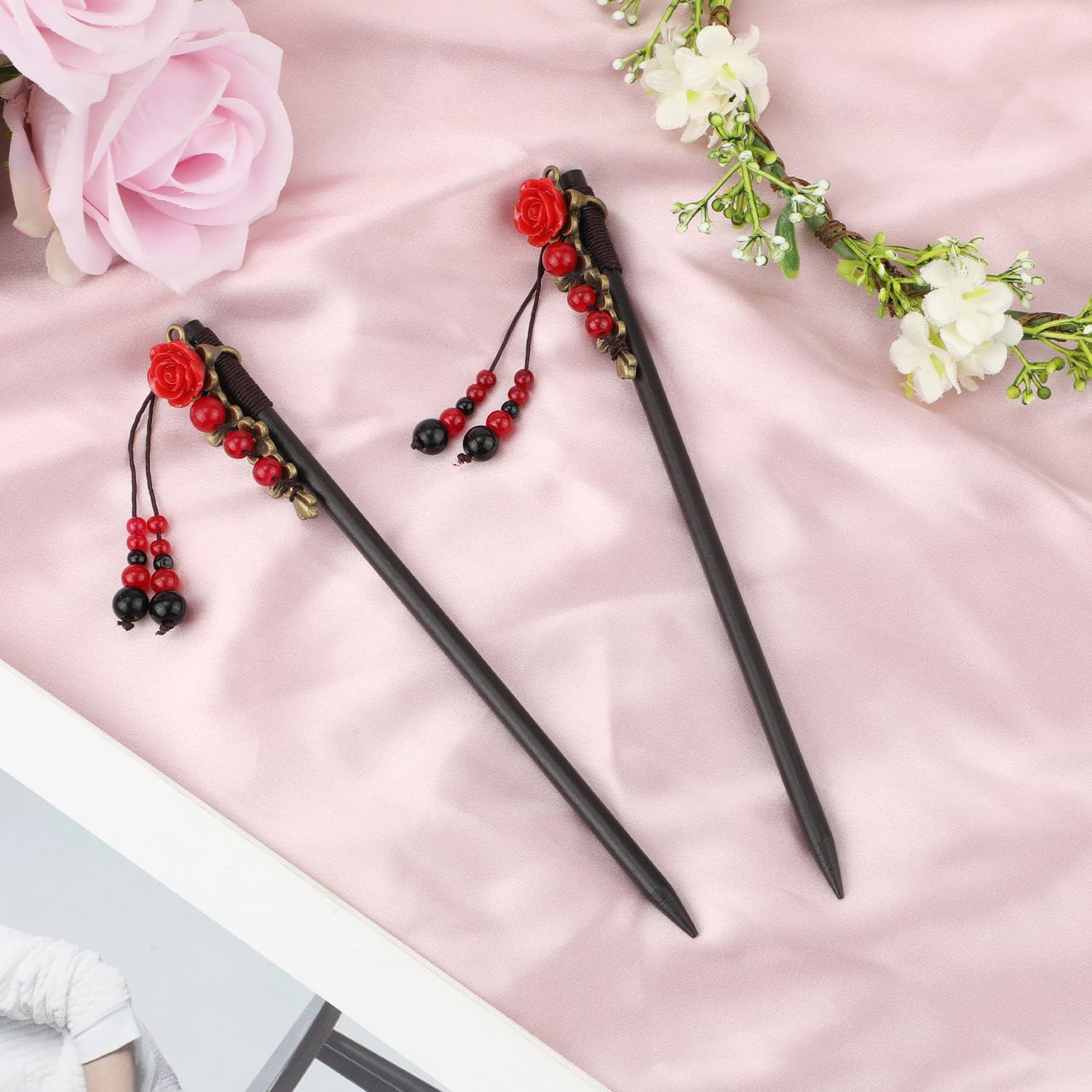 2Pcs Chinese Hair Sticks, Retro Vintage Chinese Hair Pins Rose Flower Hair Chopsticks Asian Japanese Handmade Wooden Hairpin Traditional Hanfu Pin Classic Hair Holder Accessories for Women Long Hair