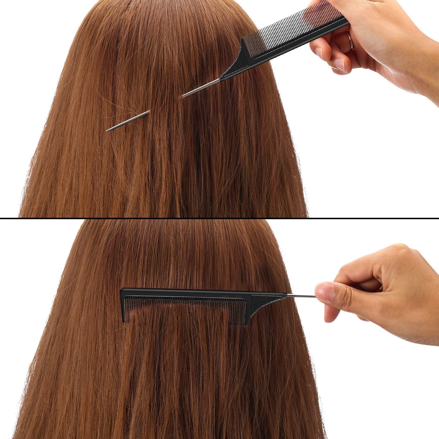 2 Pack Rat Tail Comb, Stainless Steel Pintail and Heat Resistant Carbon Fiber Teasing Parting Hair Comb for Women Girls image number 2