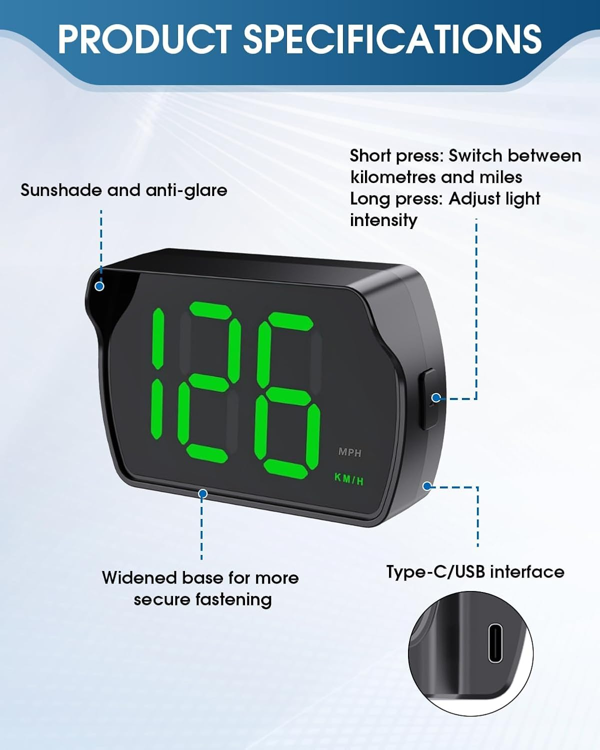 GPS Car HUD Digital Speedometer KM/H Speed Meter with LED Large Font Head up Display, Universal Plug Play for Car Truck Motor SUV Golf Cart All Vehicles, Large Screen High-Definition Display (Black) image number 1