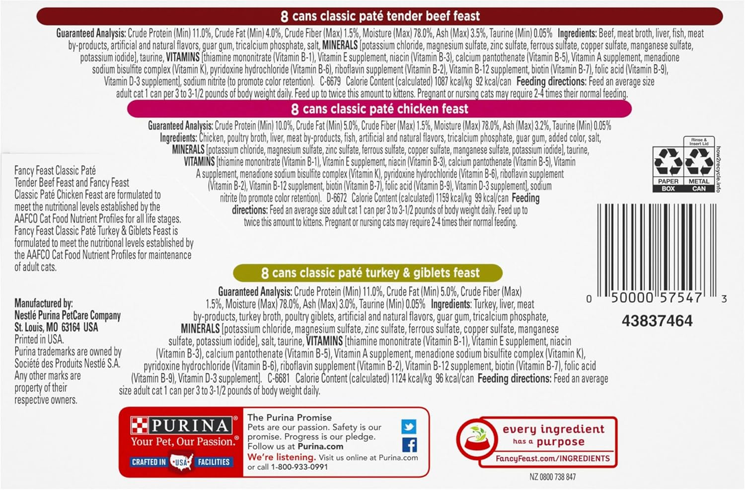 FANCY FEAST Classic Pat&eacute; Adult Wet Cat Food Poultry & Beef Collection 24X85G