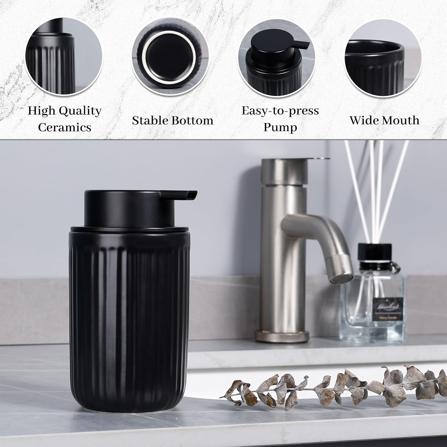 Umlaca Foam Soap Dispenser Black Ceramic Foaming Soap Dispenser for Bathroom, 320Ml Refillable Liquid Lotion Hand Soap Dispenser with Rust-Proof Foaming Pump for Countertop image number 5