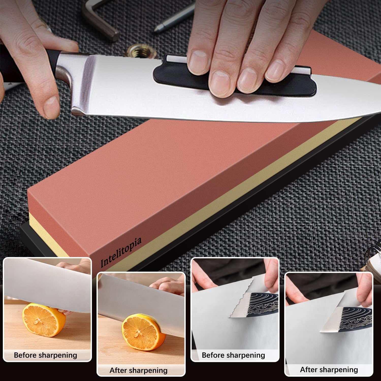 Complete Knife Sharpening Stone Set &ndash; Dual Grit Whetstone 400/1000 3000/8000 Premium Whetstone Knife Sharpener with Leather Strop, Flattening Stone, Bamboo Base, 3 Non-Slip Rubber Bases & Angle Guide