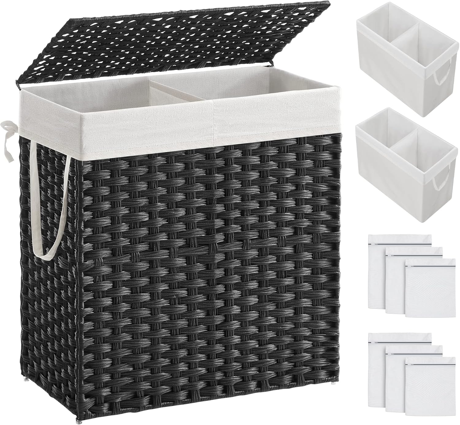 SONGMICS Laundry Hamper, 29 Gal (110L) Divided Laundry Basket with Removable Liner Bag, Synthetic Rattan Handwoven, with Lid and Handles, Foldable, 22.4 X 13 X 23.6 Inches, Gray ULCB52WG