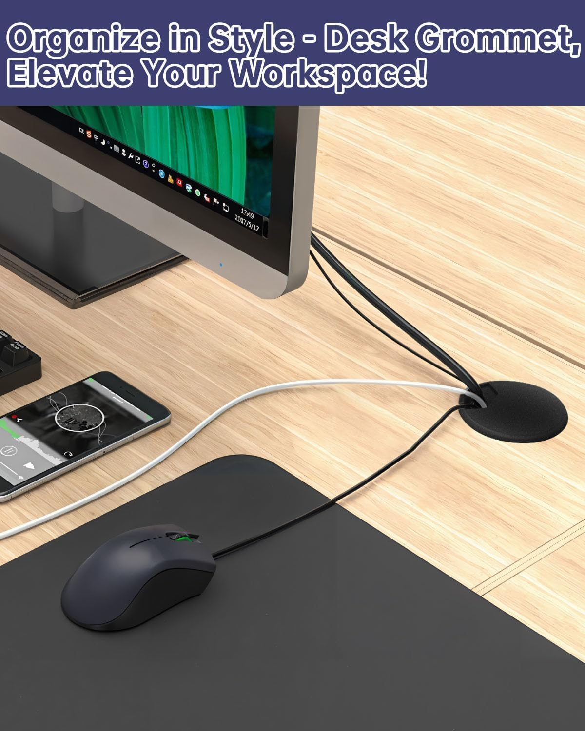 Desk Grommet & Cable Management Kit with Hole Saw - 12-Piece Set Includes 50Mm Cable Hole Covers, Bi-Metal Hole Saw, 5M Cable Tape - Office Desk Cable Organizer for Neat Workstation image number 1