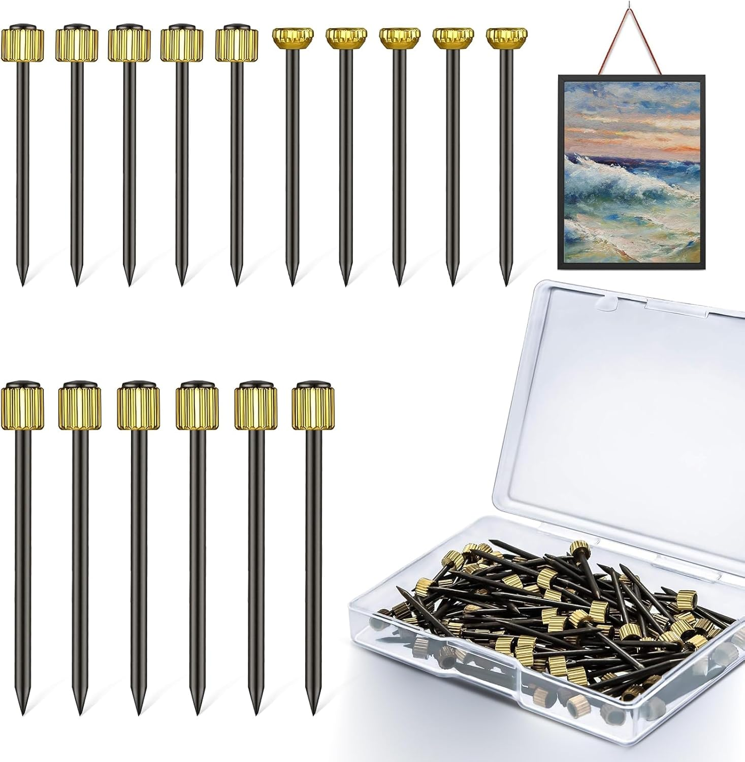 Picture Hanging Nails Kit, 120 Pcs Brass Head Picture Hanging Nails, Wall Decorative Nails for Photo Picture Frame Hanging image number 4